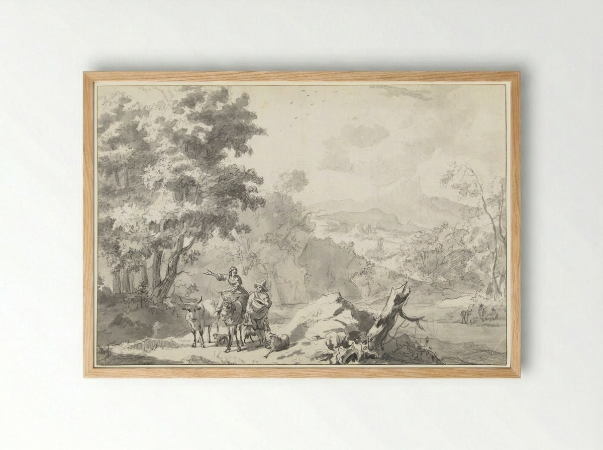 Herders en vee in een zuidelijk landschap - Abraham Jansz Begeyn - Framed Print Wood