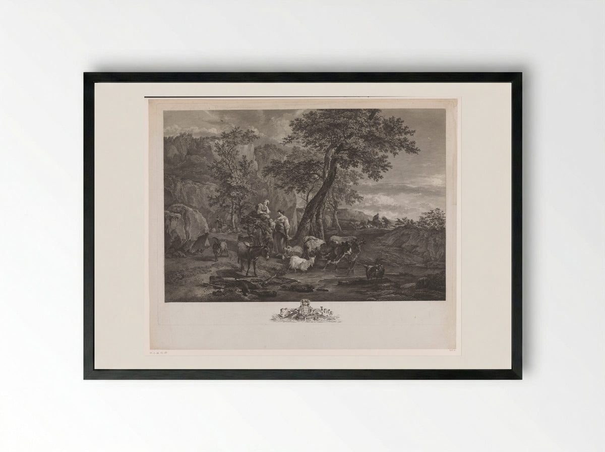 Herders in a Landscape - Jacques-Philippe Le Bas - Framed Print Black