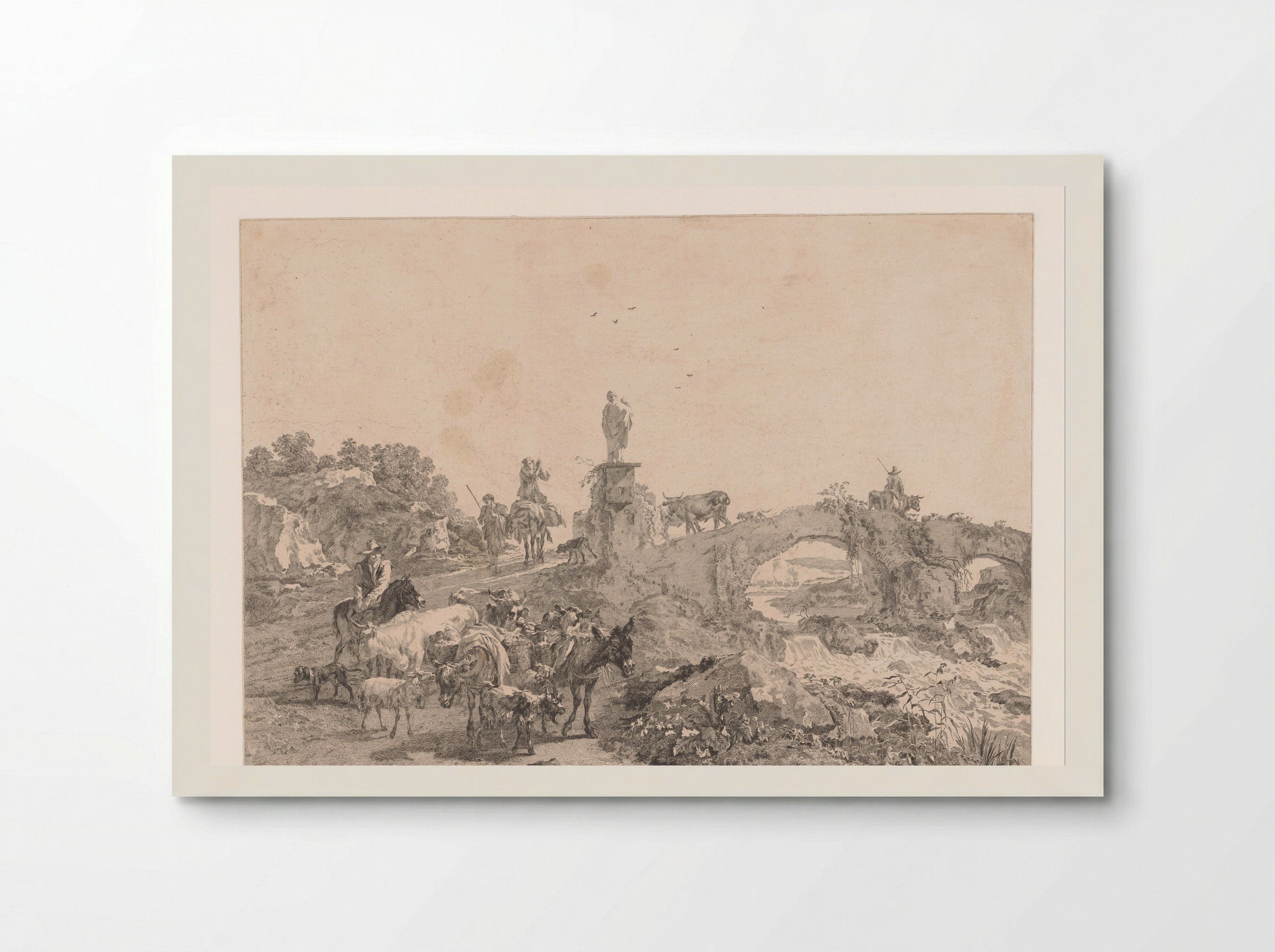 Herders met kudde in een landschap met brug - Jacques-Philippe Le Bas - Poster