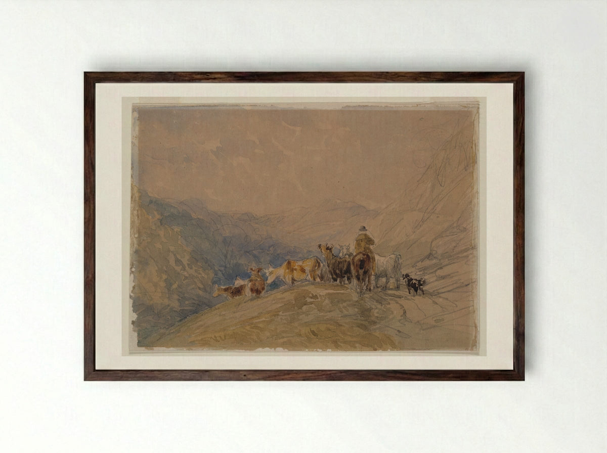 Herding Cattle in the Mountains - David Cox - Framed Print Dark Wood