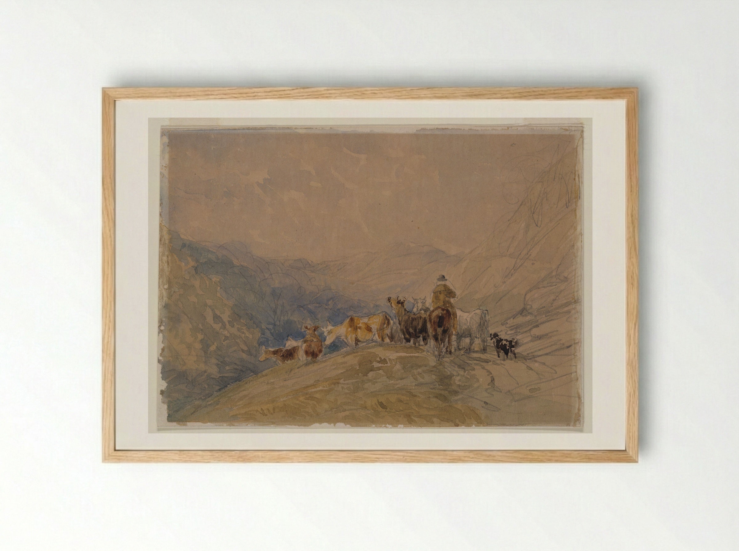 Herding Cattle in the Mountains - David Cox - Framed Print Wood