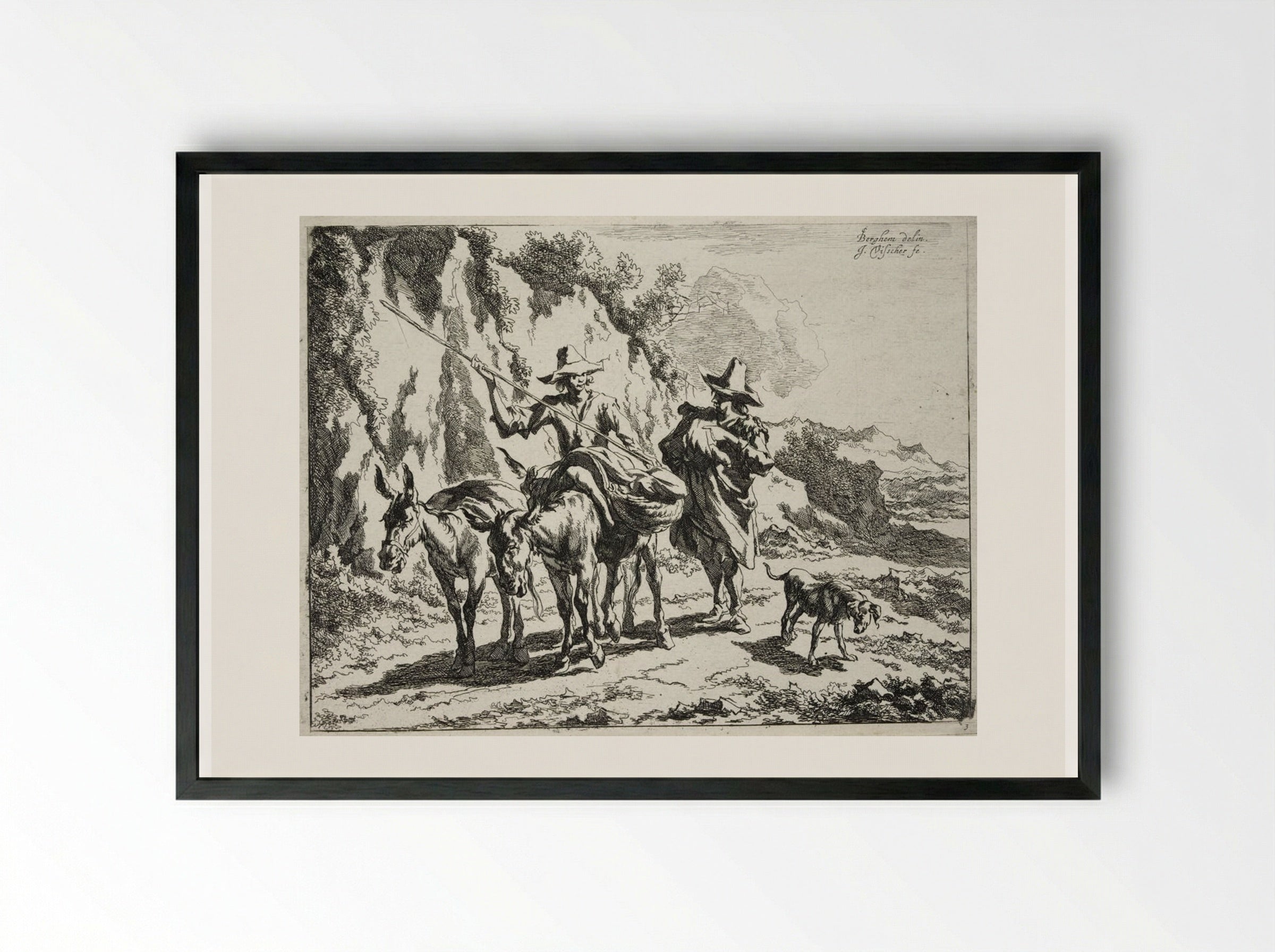 Herdsman Addressing a Young Herdsman Riding a Donkey - Johannes Visscher - Framed Print Black
