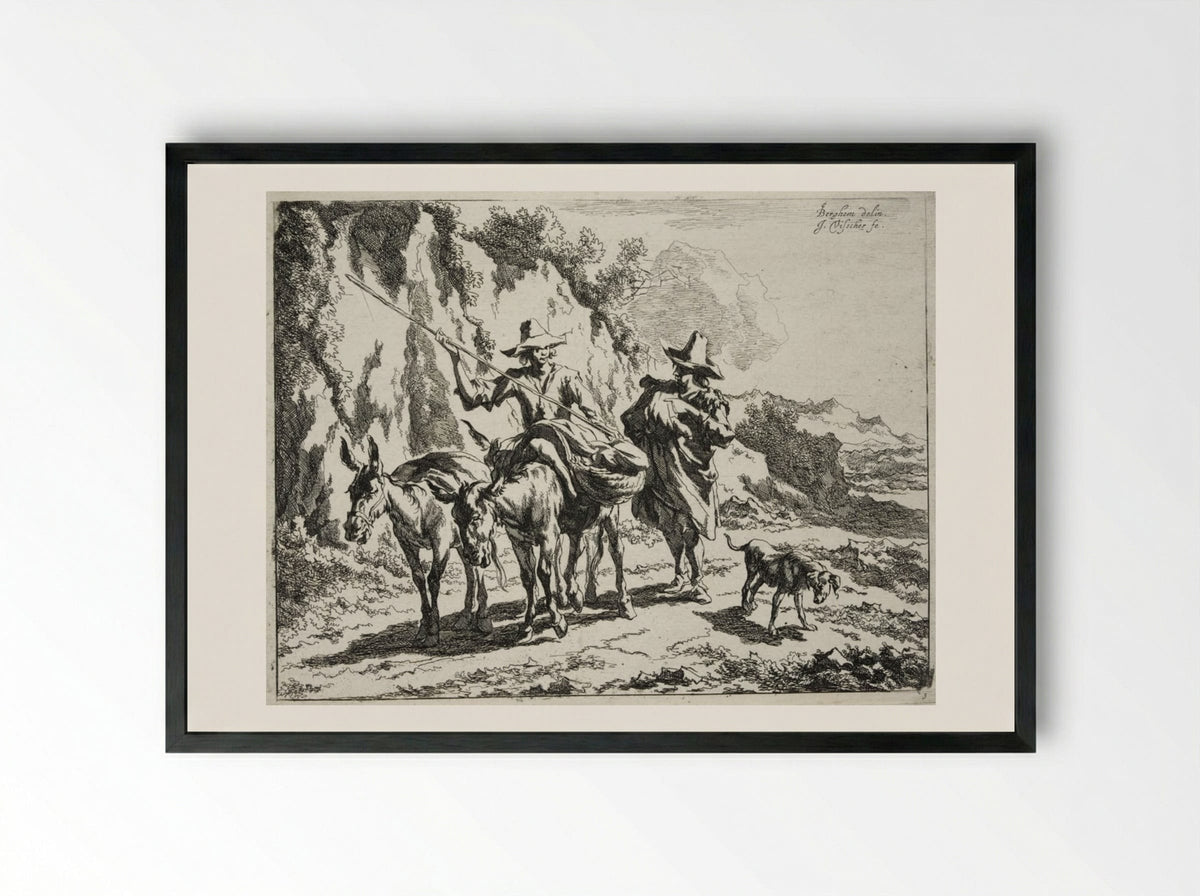 Herdsman Addressing a Young Herdsman Riding a Donkey - Johannes Visscher - Framed Print Black