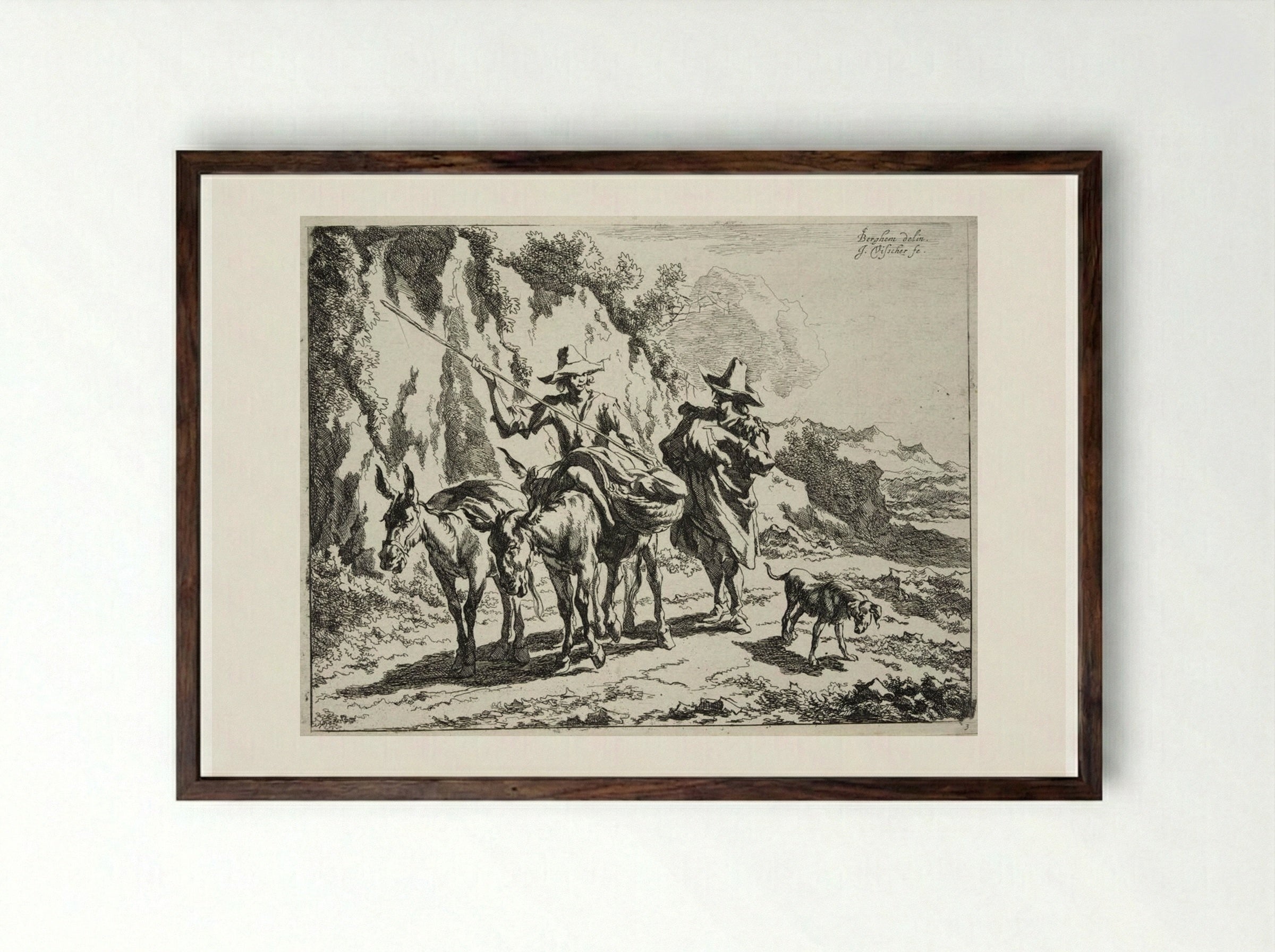 Herdsman Addressing a Young Herdsman Riding a Donkey - Johannes Visscher - Framed Print Dark Wood