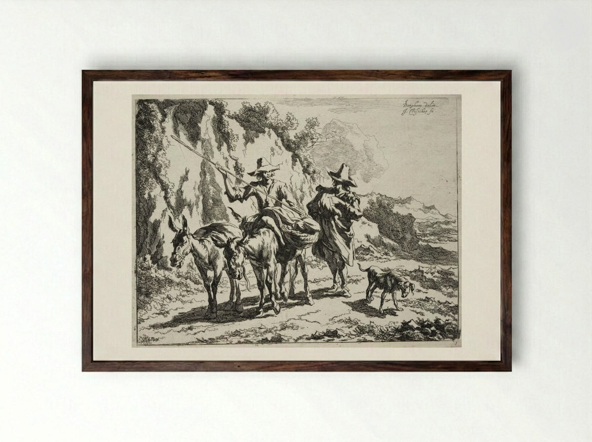 Herdsman Addressing a Young Herdsman Riding a Donkey - Johannes Visscher - Framed Print Dark Wood