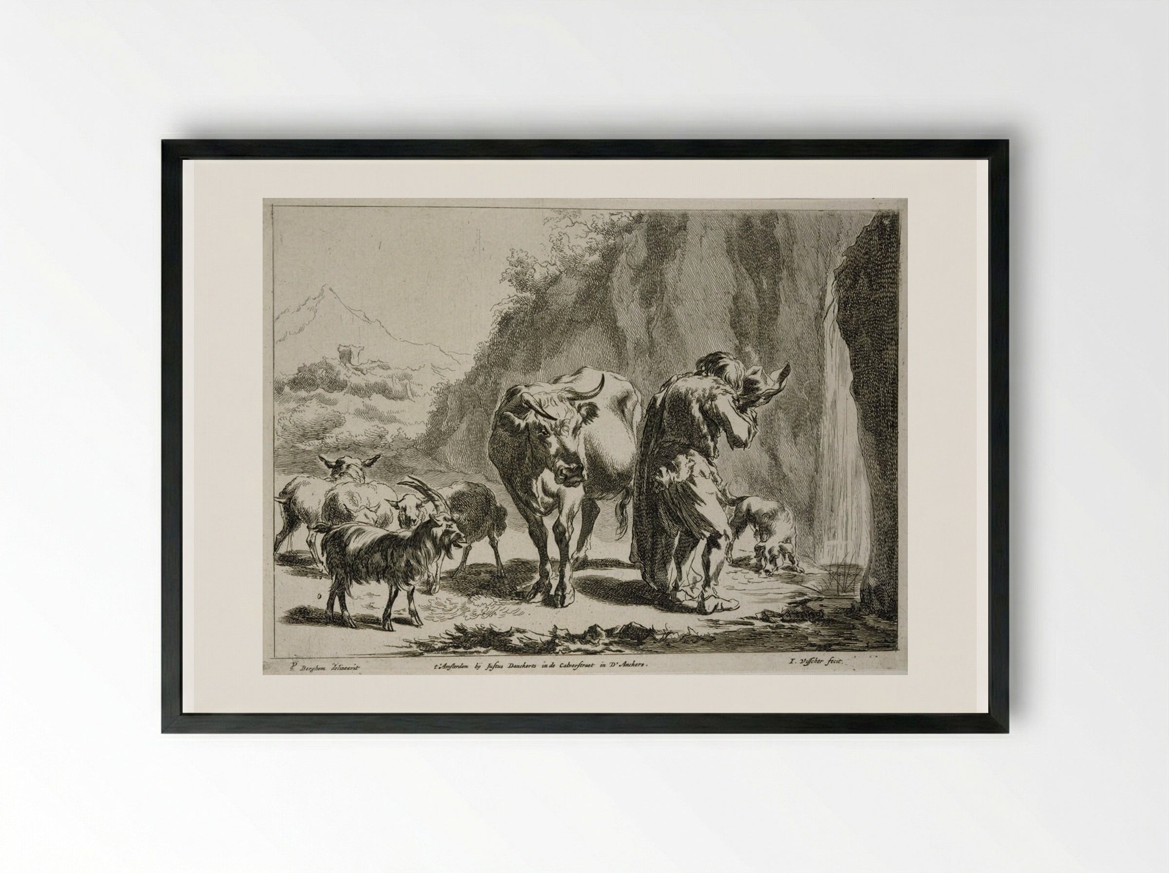 Herdsman Drinking from his Hat - Johannes Visscher - Framed Print Black
