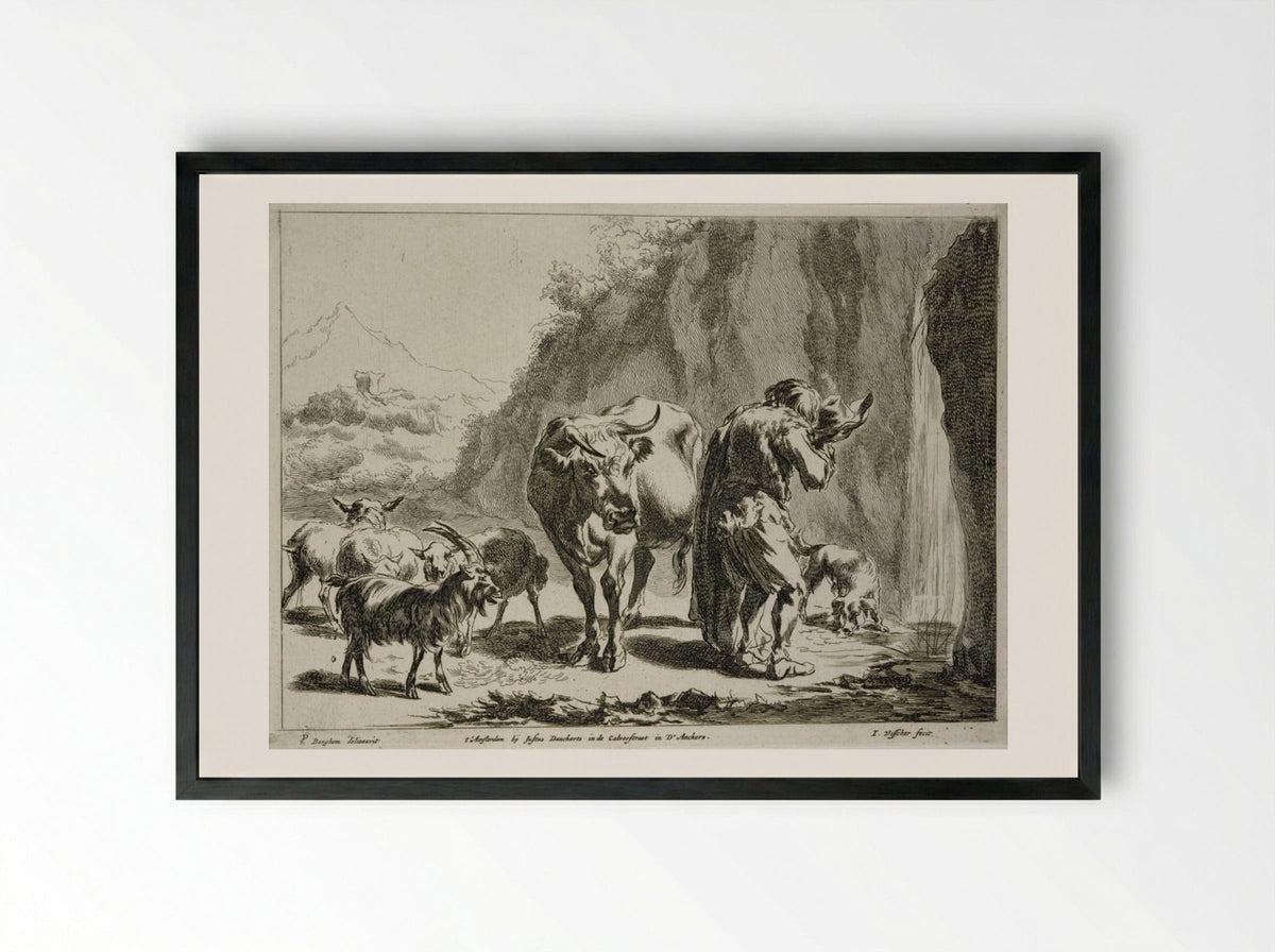 Herdsman Drinking from his Hat - Johannes Visscher - Framed Print Black
