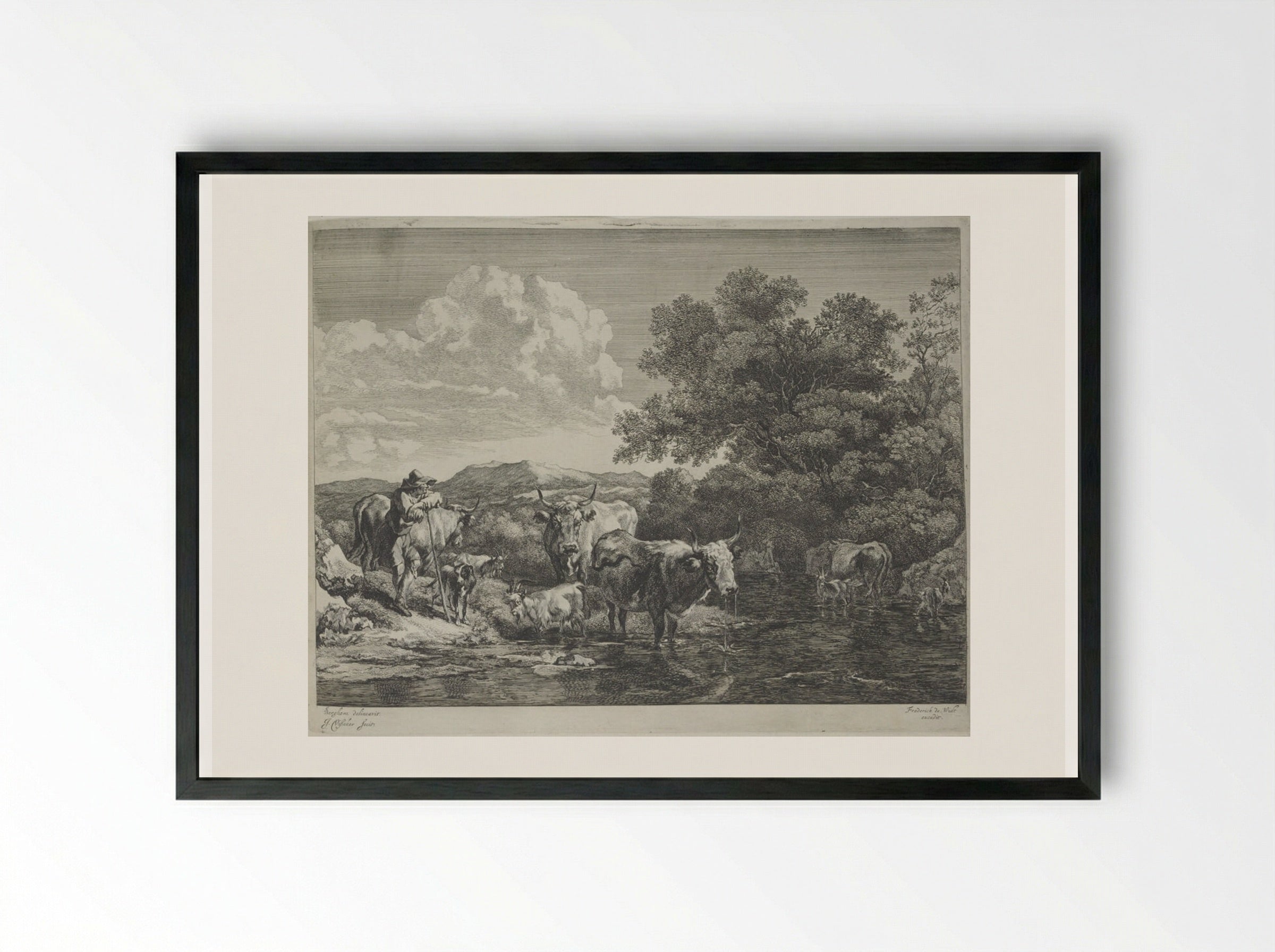 Herdsman Leaning on his Staff, Cattle in a Ford - Johannes Visscher - Framed Print Black