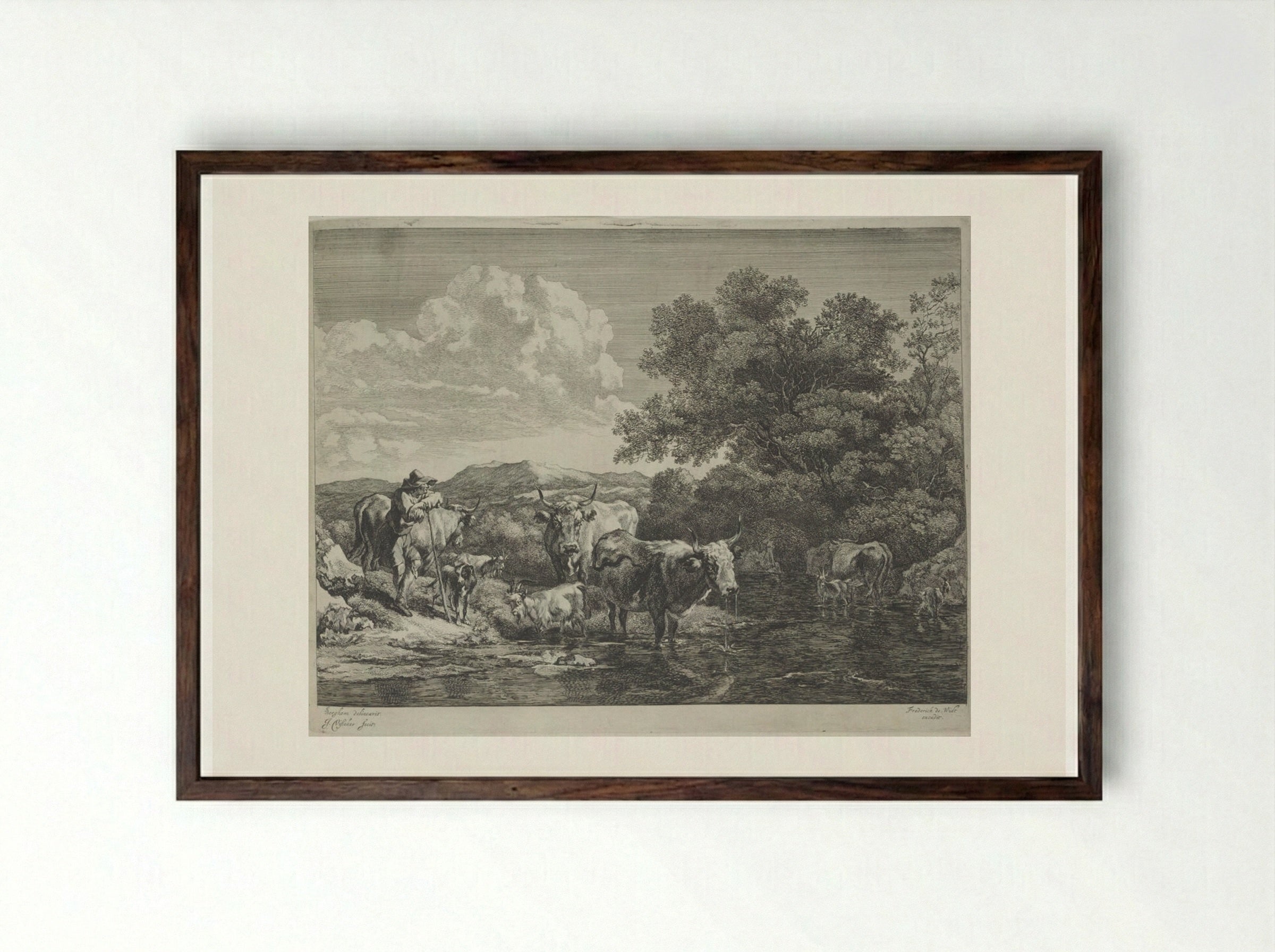 Herdsman Leaning on his Staff, Cattle in a Ford - Johannes Visscher - Framed Print Dark Wood