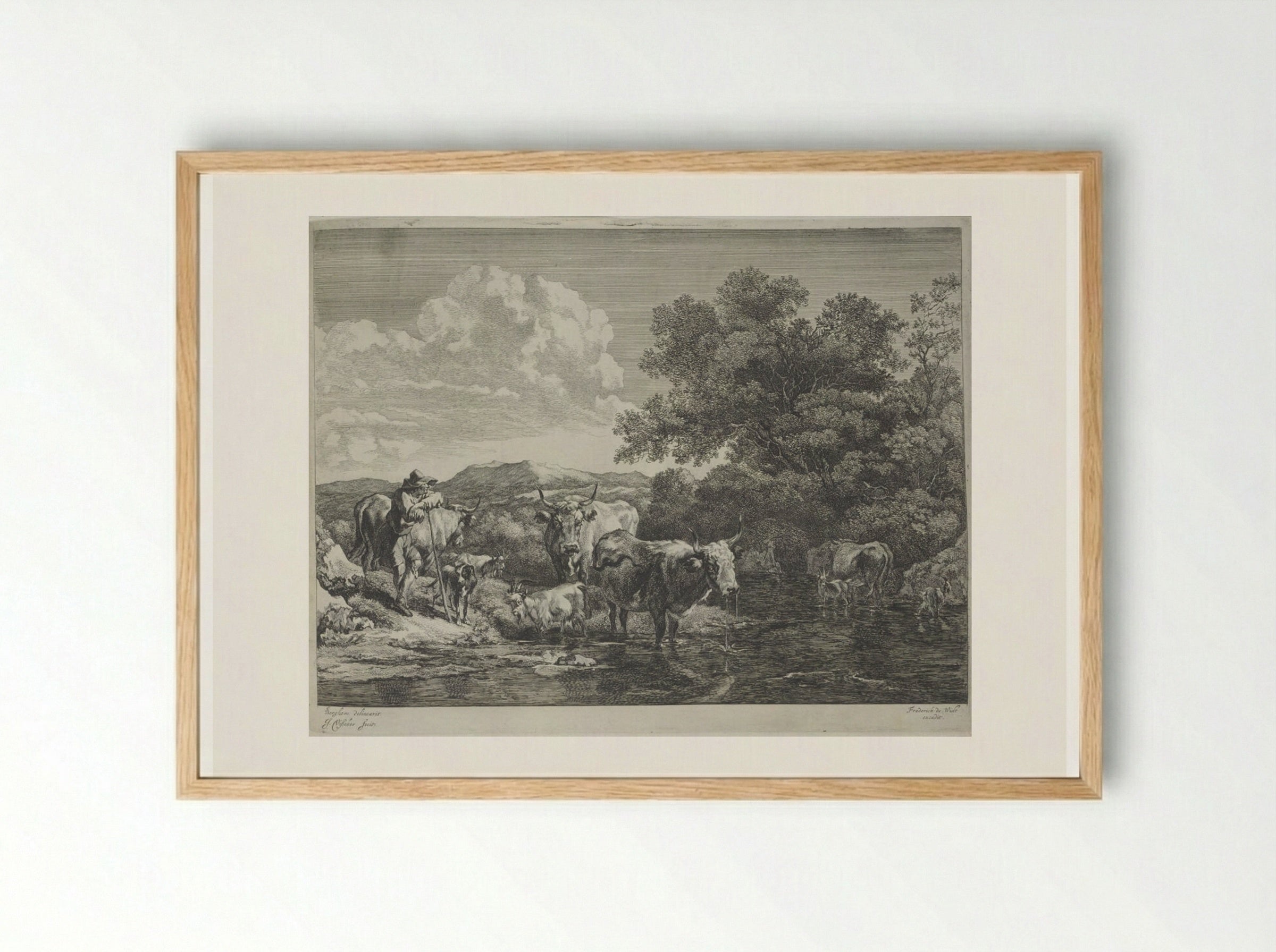 Herdsman Leaning on his Staff, Cattle in a Ford - Johannes Visscher - Framed Print Wood