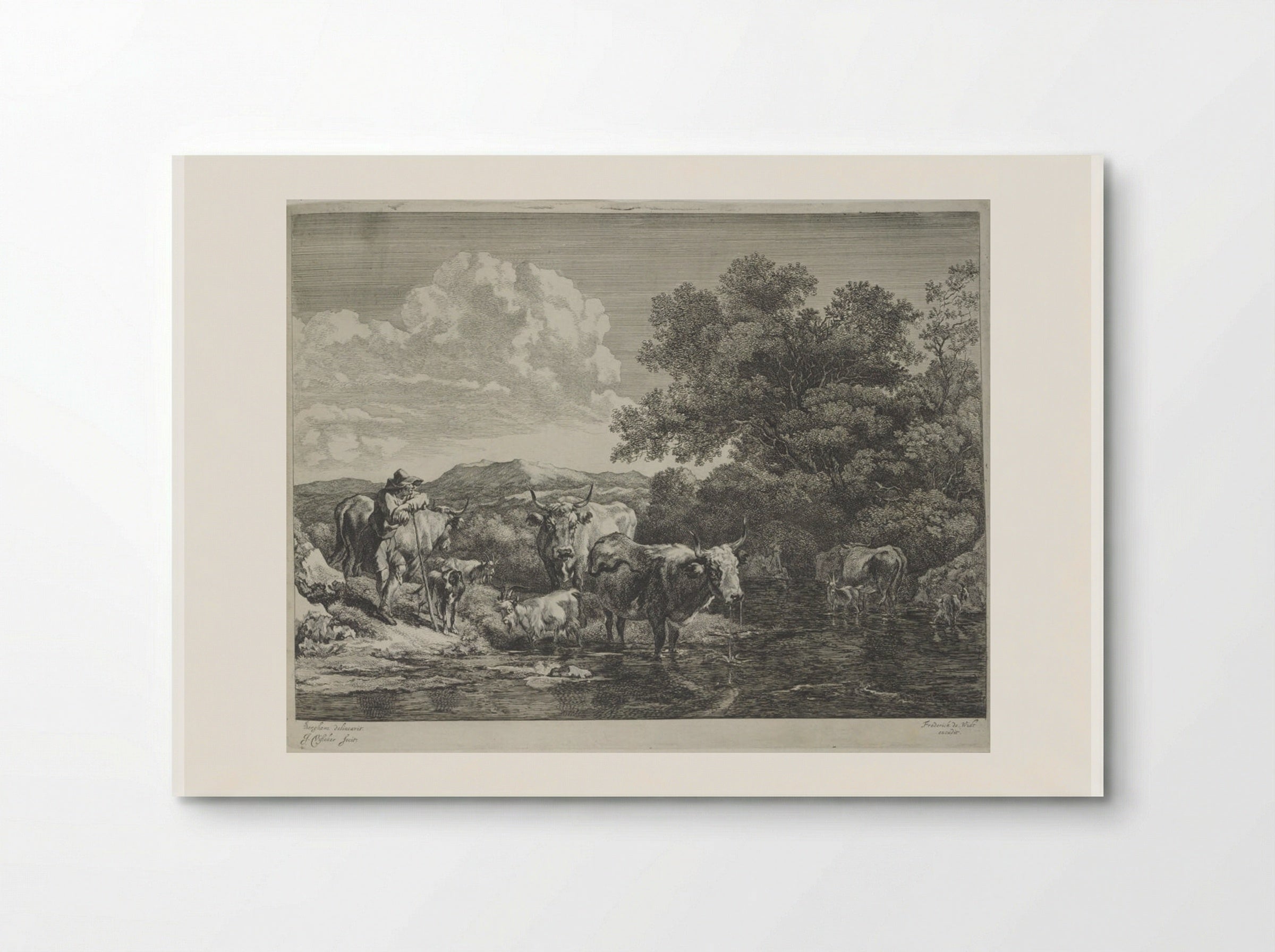 Herdsman Leaning on his Staff, Cattle in a Ford - Johannes Visscher - Poster