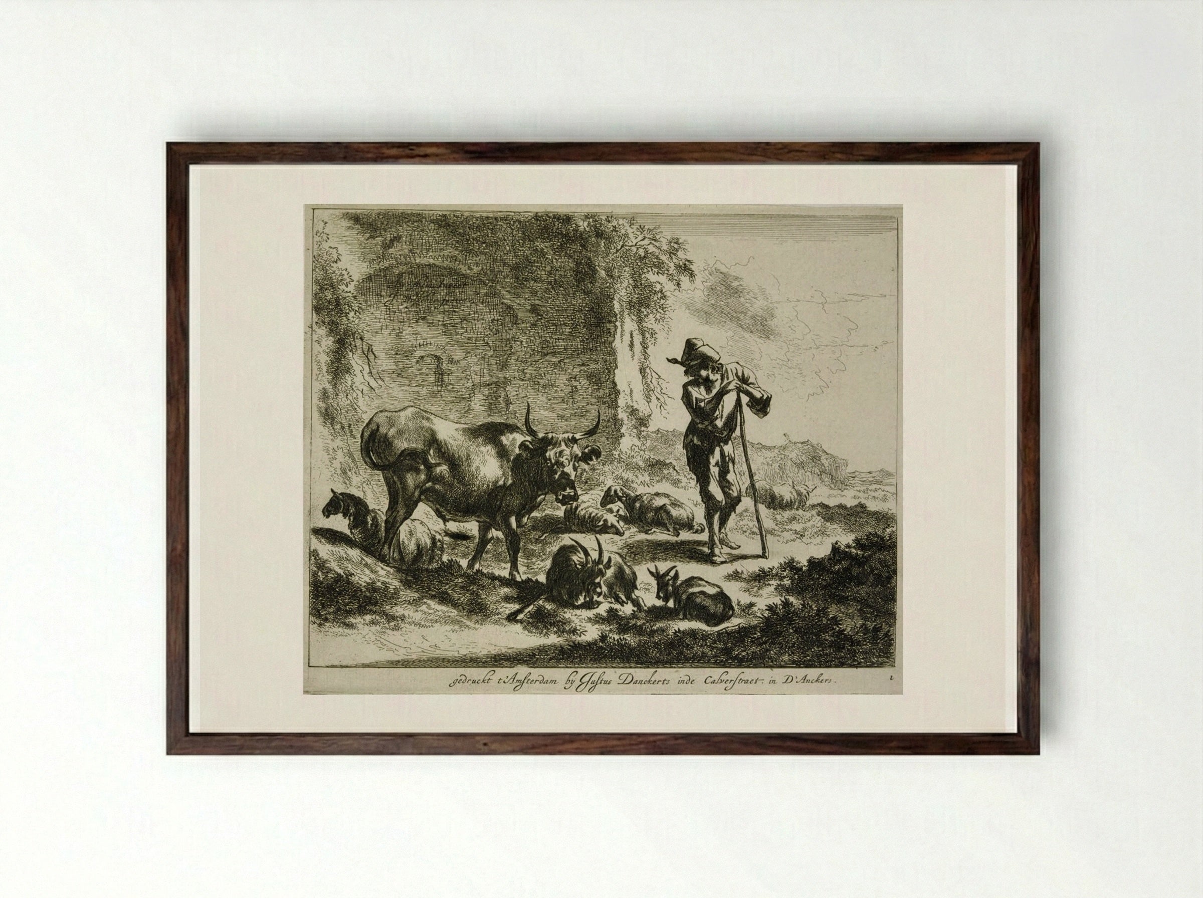 Herdsman Resting on a Staff Near a Ruin - Johannes Visscher - Framed Print Dark Wood