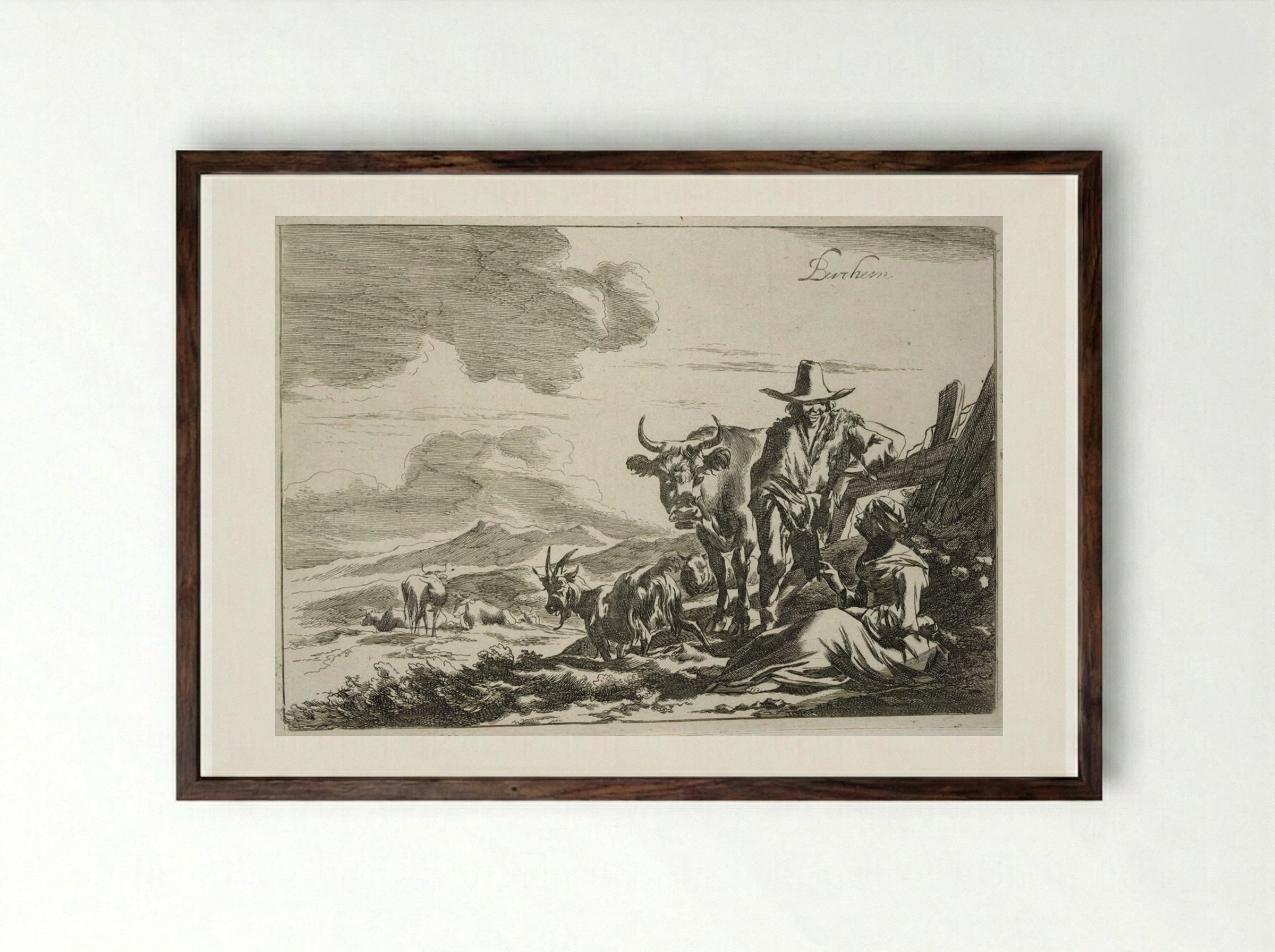 Herdsman Talking to a Seated Woman - Johannes Visscher - Framed Print Dark Wood