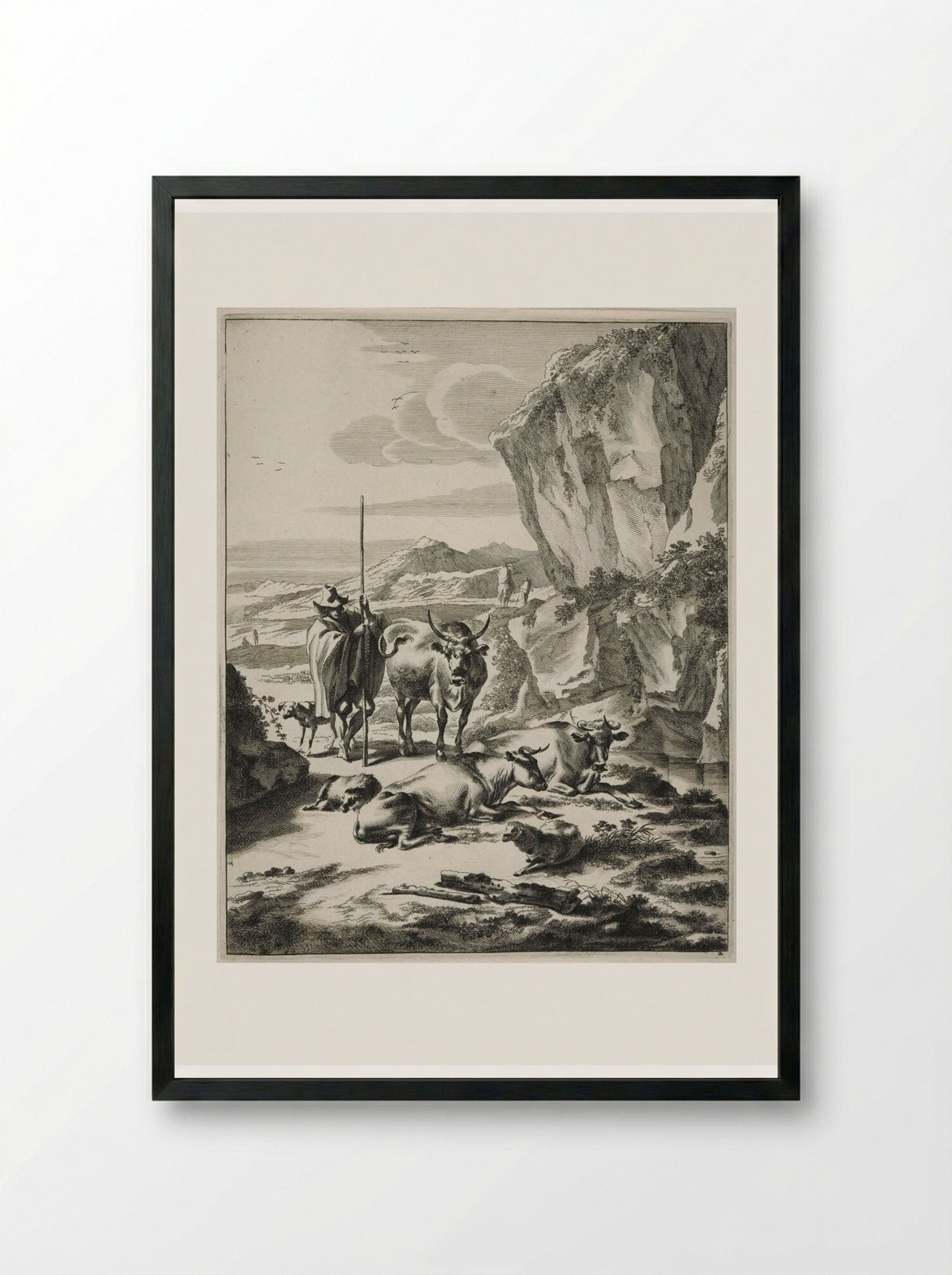 Herdsman with his Staff, in Rocky Landscape - Johannes Visscher - Framed Print Black