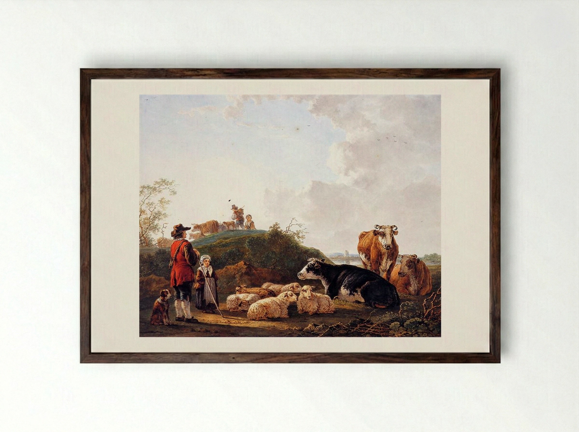 Herdsman with resting cattle - Jacob van Strij - Framed Print Dark Wood