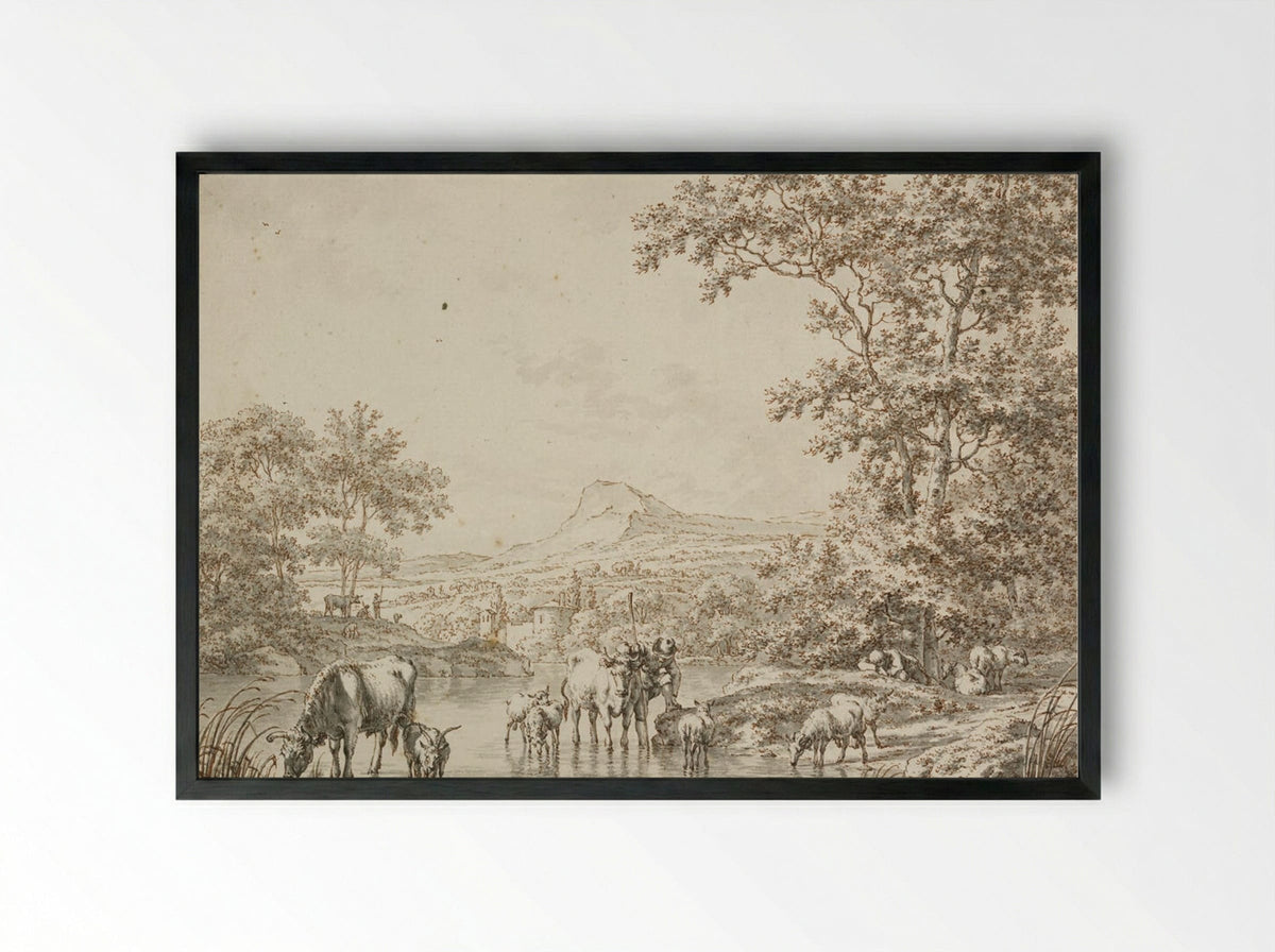 Herdsmen Resting, Watering their Cattle - Jacob Cats - Framed Print Black