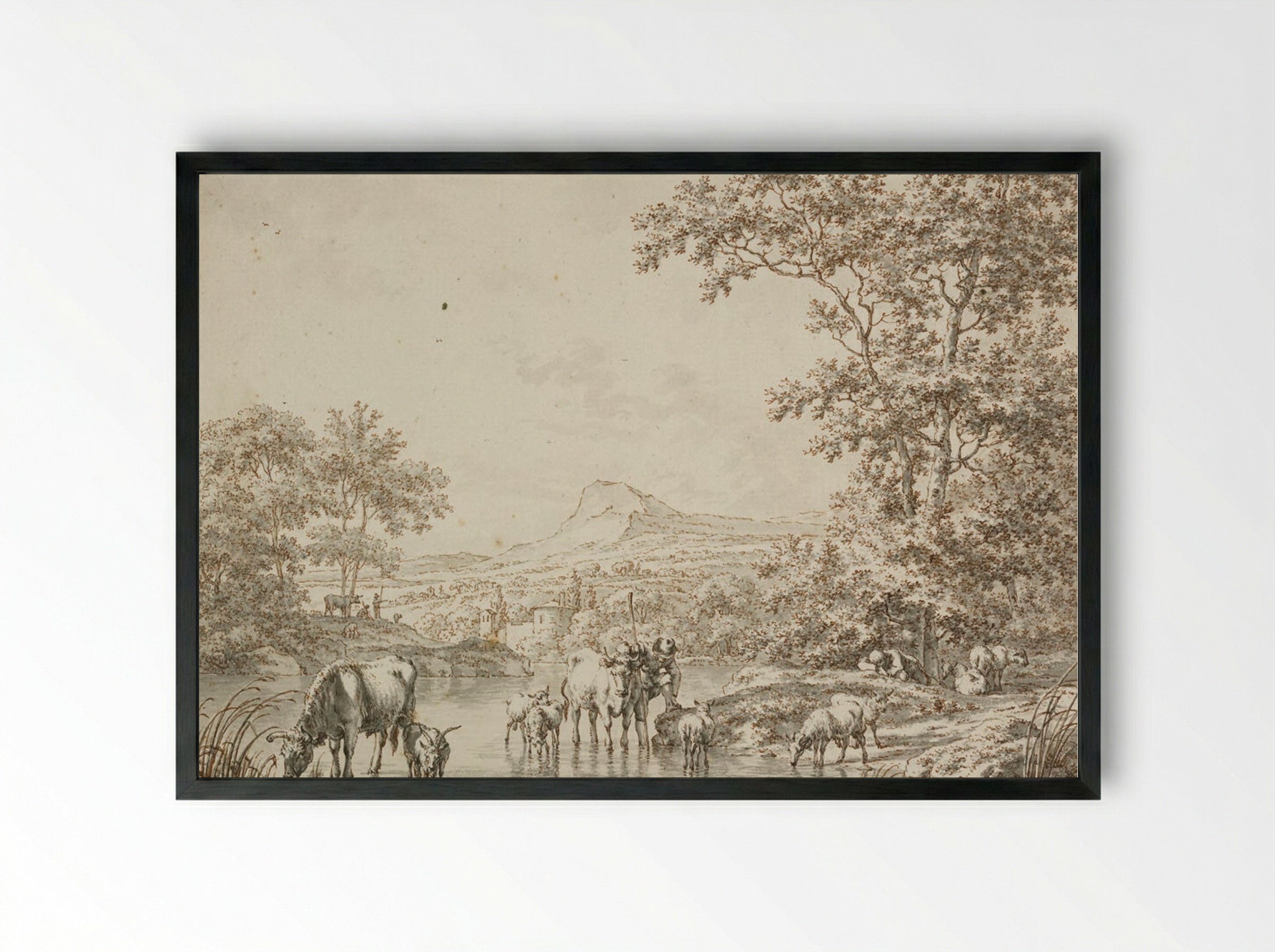 Herdsmen Resting, Watering their Cattle - Jacob Cats - Framed Print Black