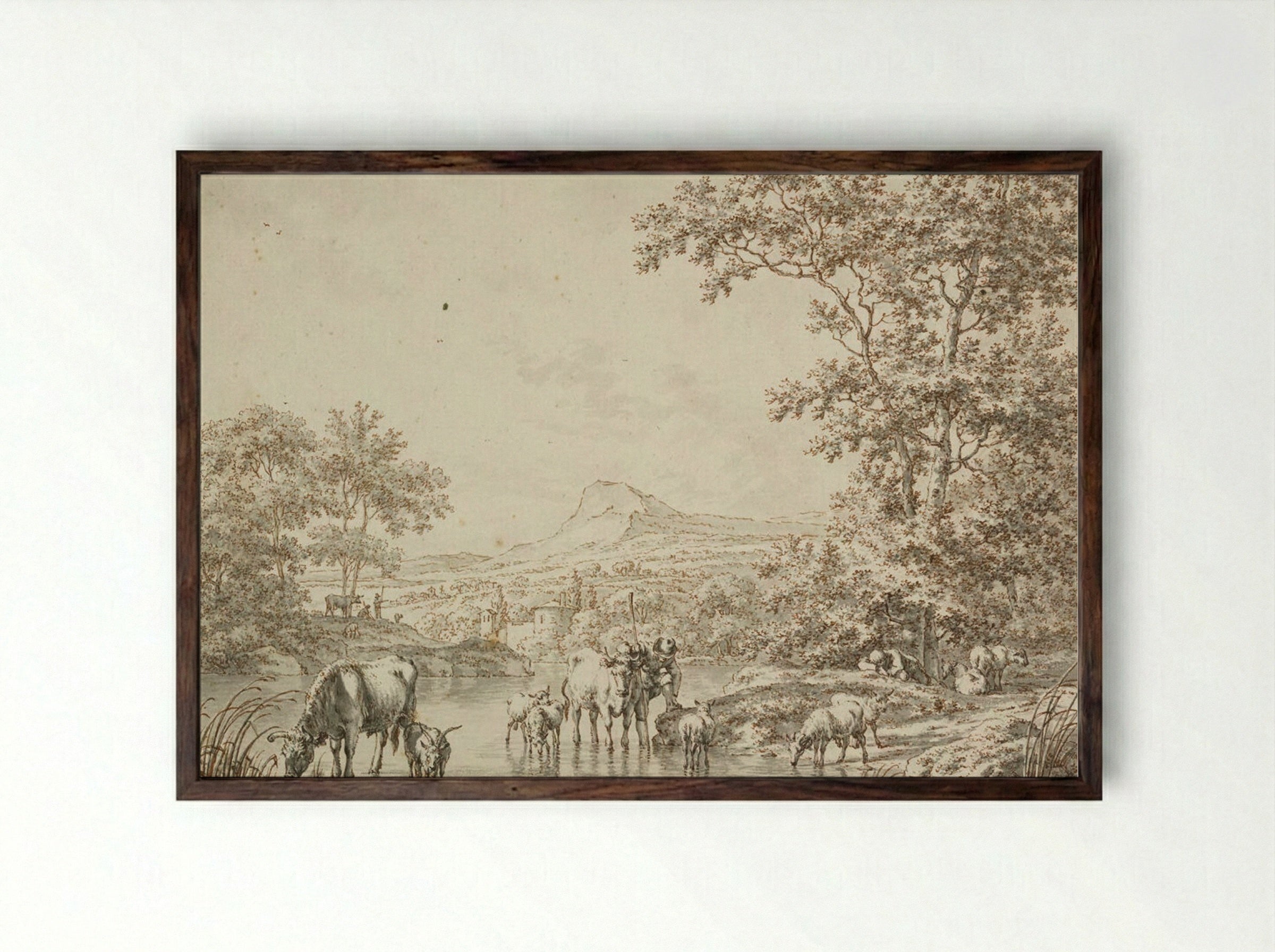 Herdsmen Resting, Watering their Cattle - Jacob Cats - Framed Print Dark Wood