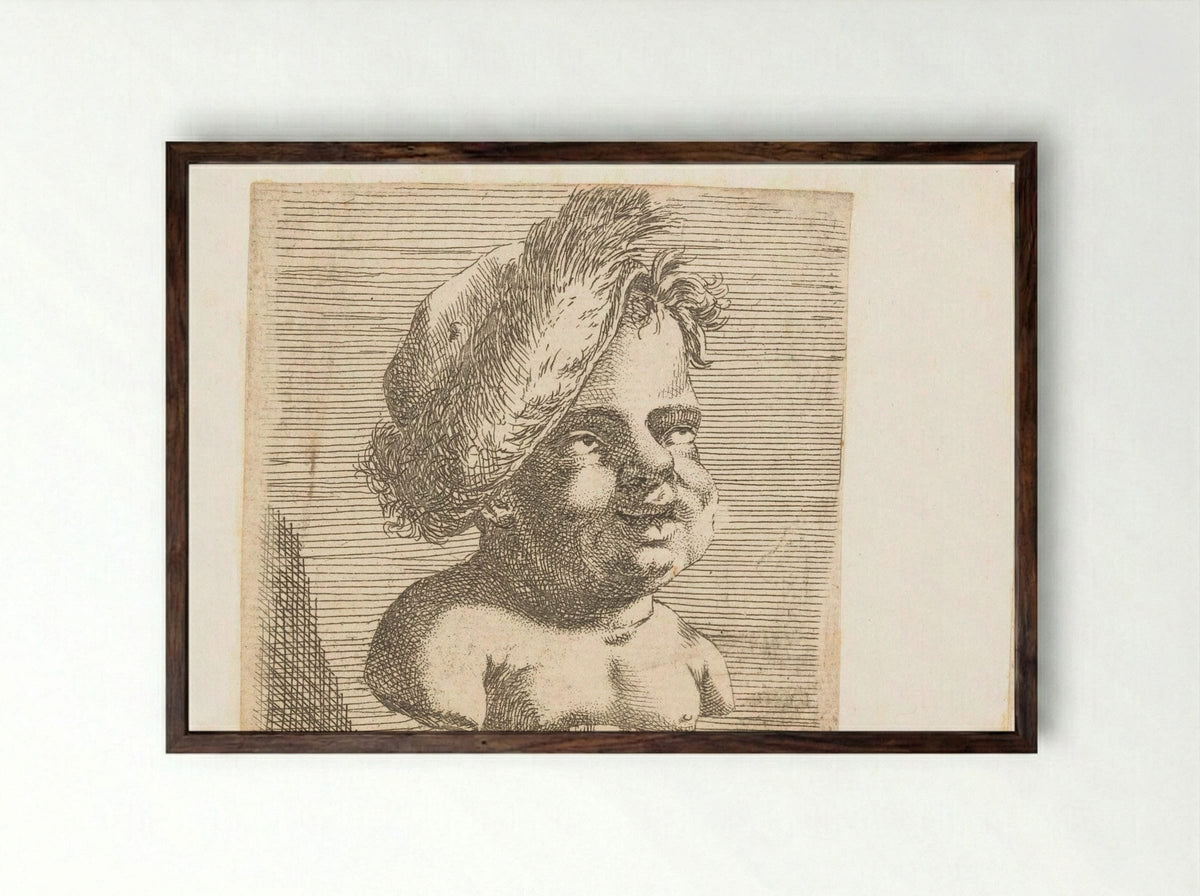 Herm met kinderkop met baret - François Bourlier - Framed Print Dark Wood