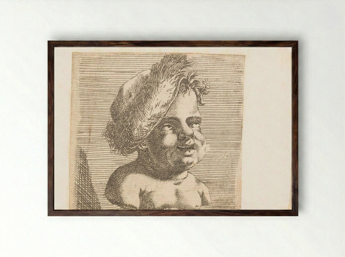 Herm met kinderkop met baret - François Bourlier - Framed Print Dark Wood