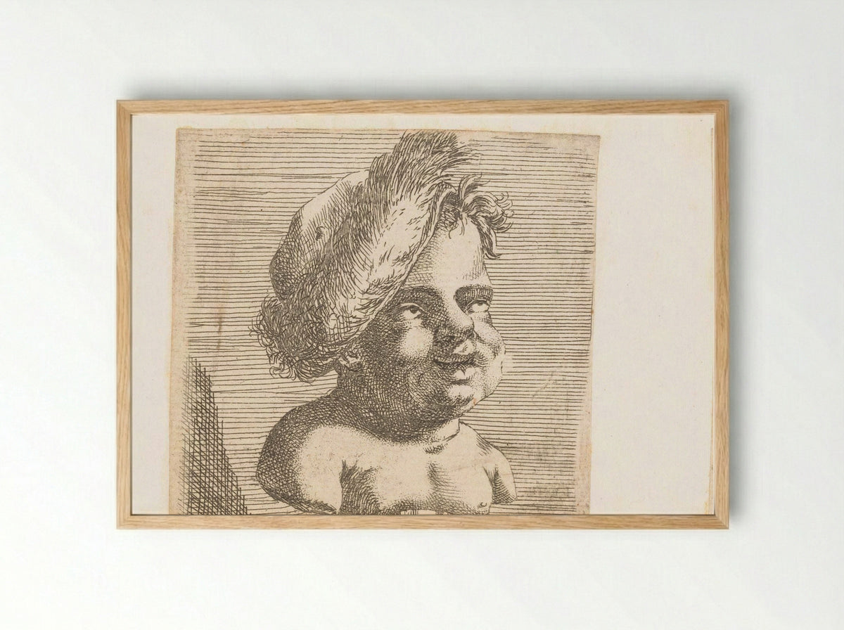 Herm met kinderkop met baret - François Bourlier - Framed Print Wood