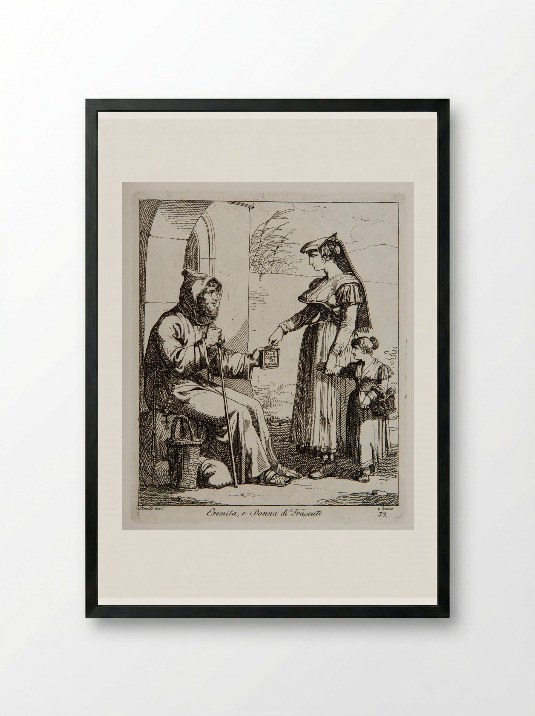 Hermit and Woman from Frascati - Bartolomeo Pinelli - Framed Print Black