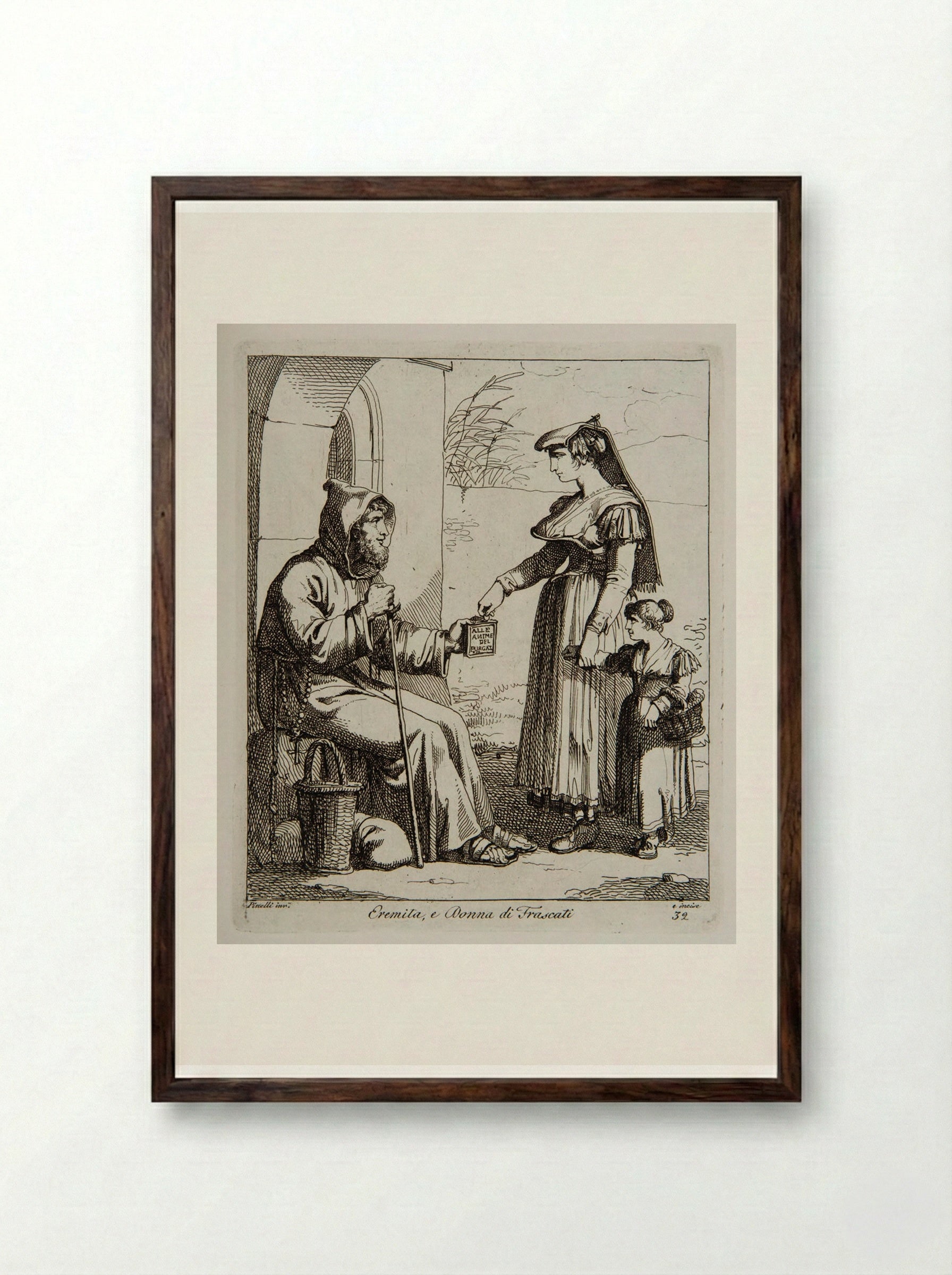 Hermit and Woman from Frascati - Bartolomeo Pinelli - Framed Print Dark Wood