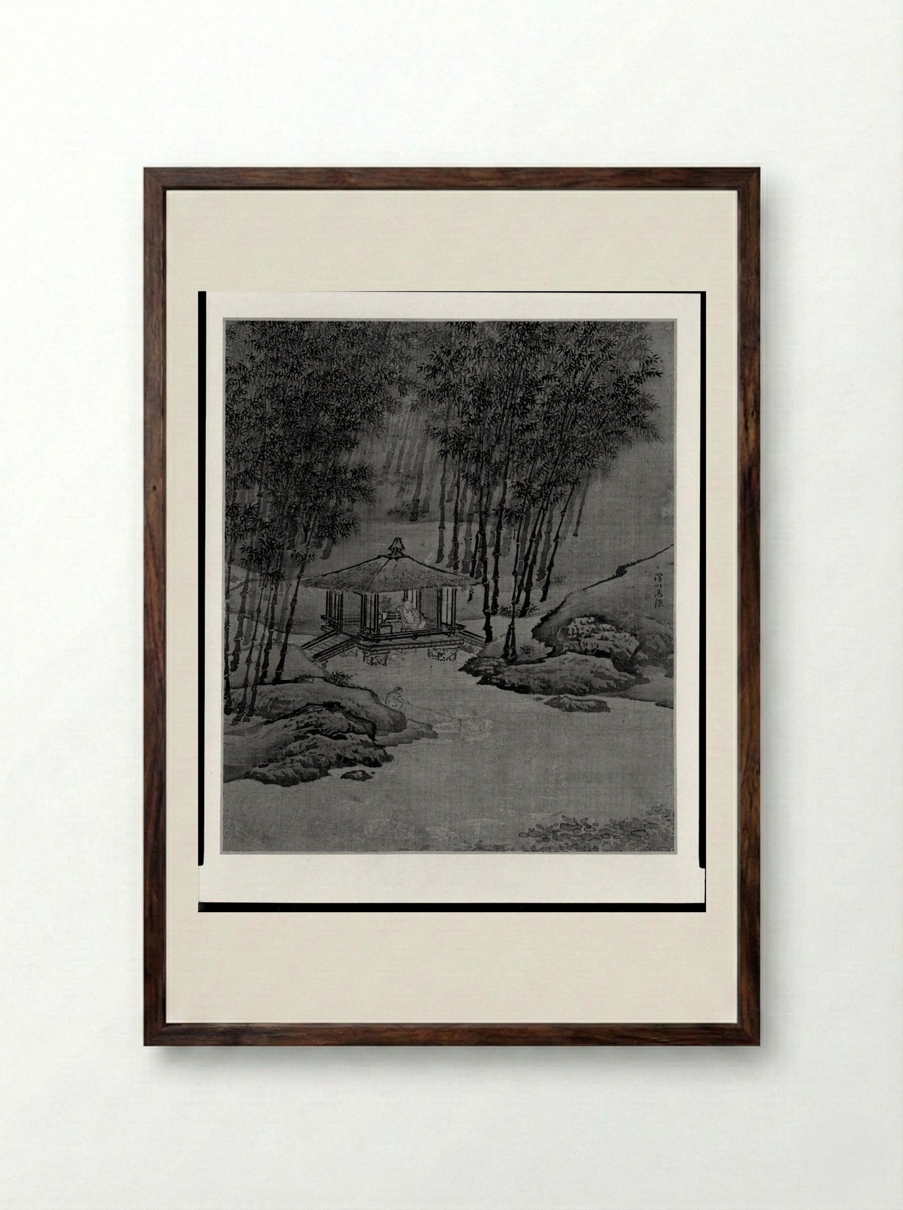 Hermit in a Lodge Built over a Stream - Yuan Yao - Framed Print Dark Wood