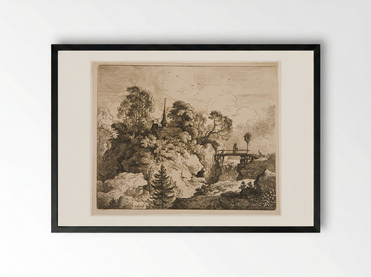 Hermit on a Bridge - Christian Wilhelm Ernst Dietrich - Framed Print Black