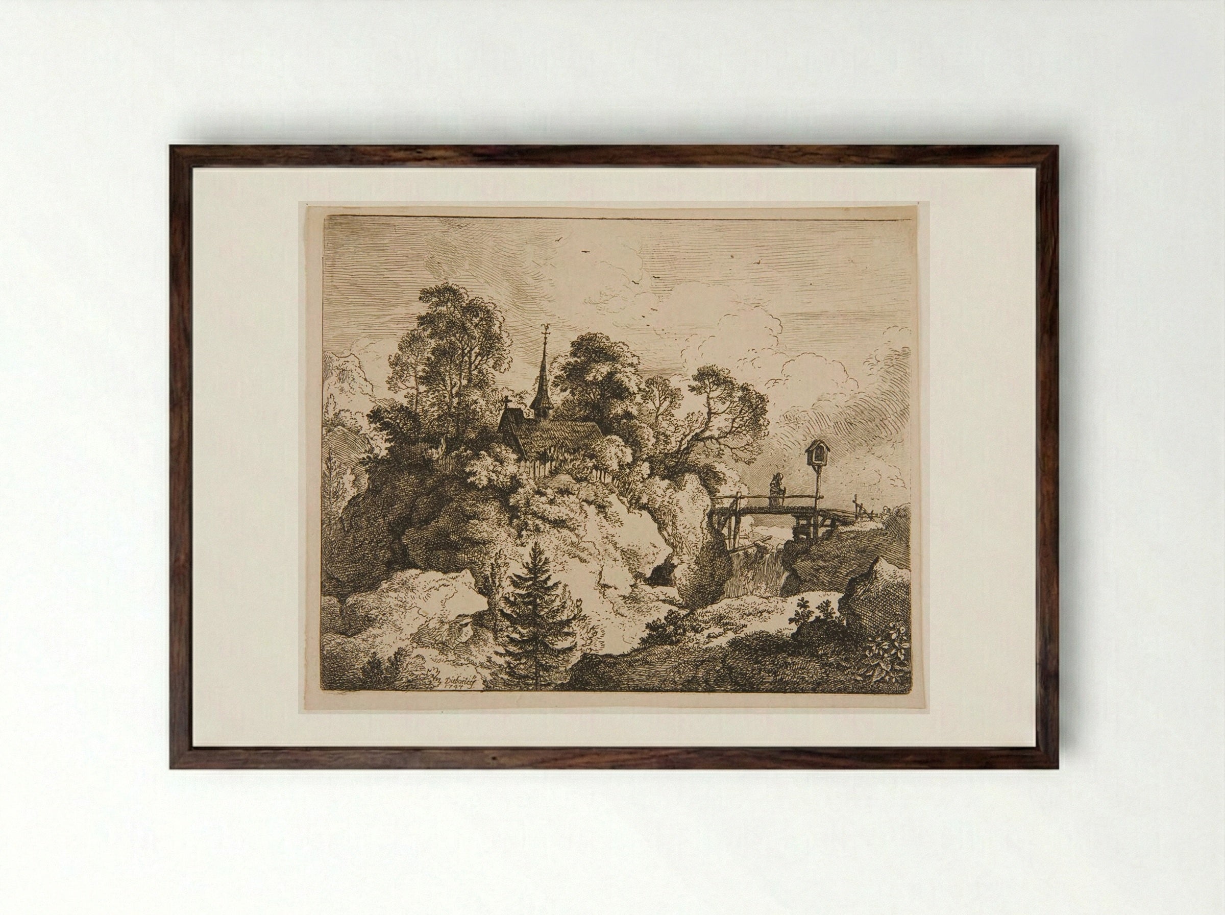 Hermit on a Bridge - Christian Wilhelm Ernst Dietrich - Framed Print Dark Wood