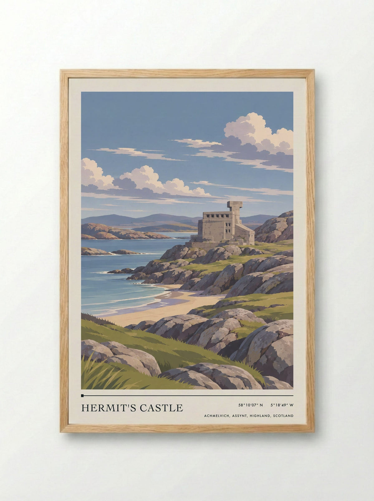 Hermit's Castle, Achmelvich, Assynt, Highland, Scotland | Travel Poster - Framed Print Wood