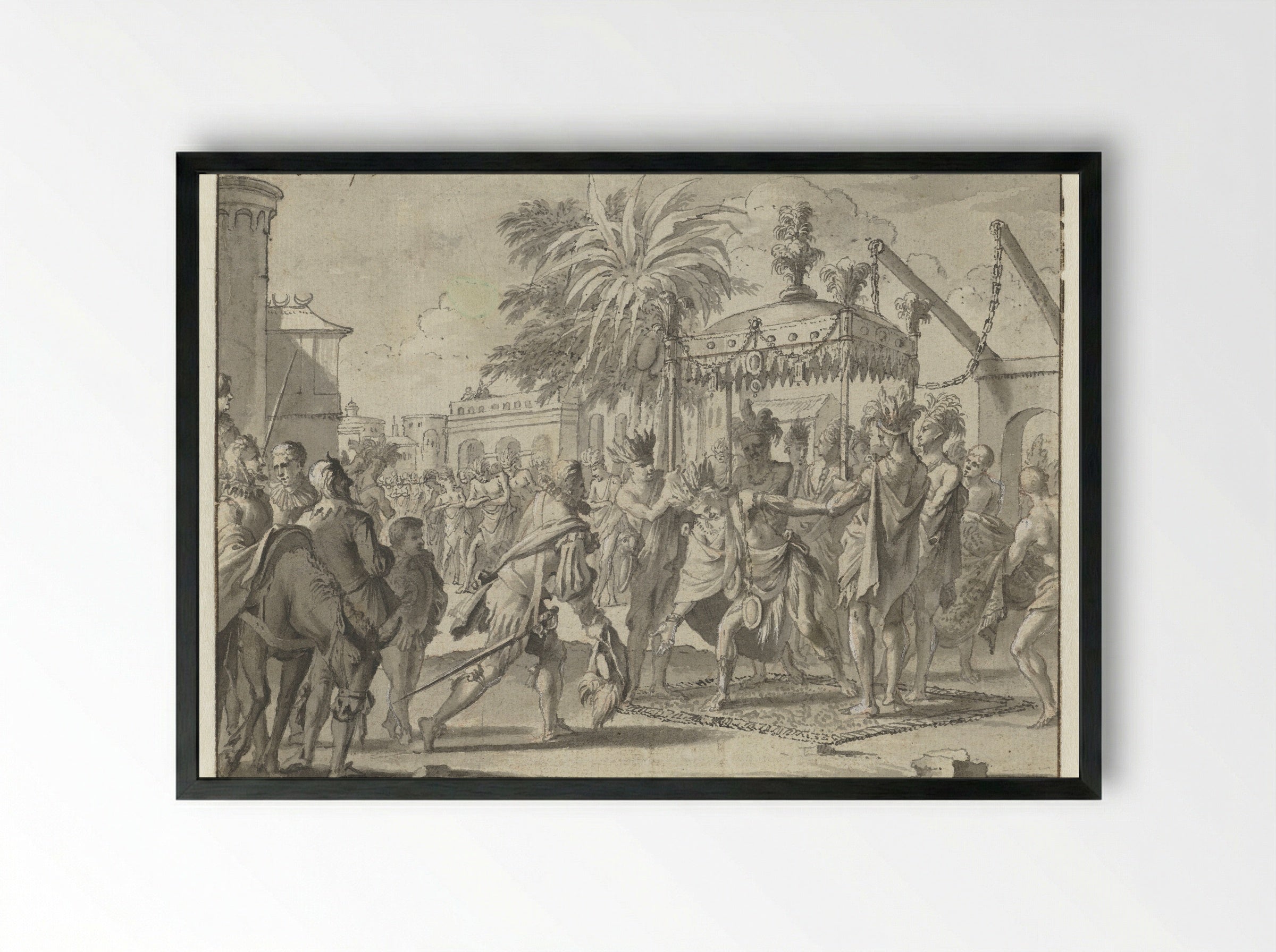 Hernán Cortés wordt door Montezuma ontvangen - Jan Goeree - Framed Print Black