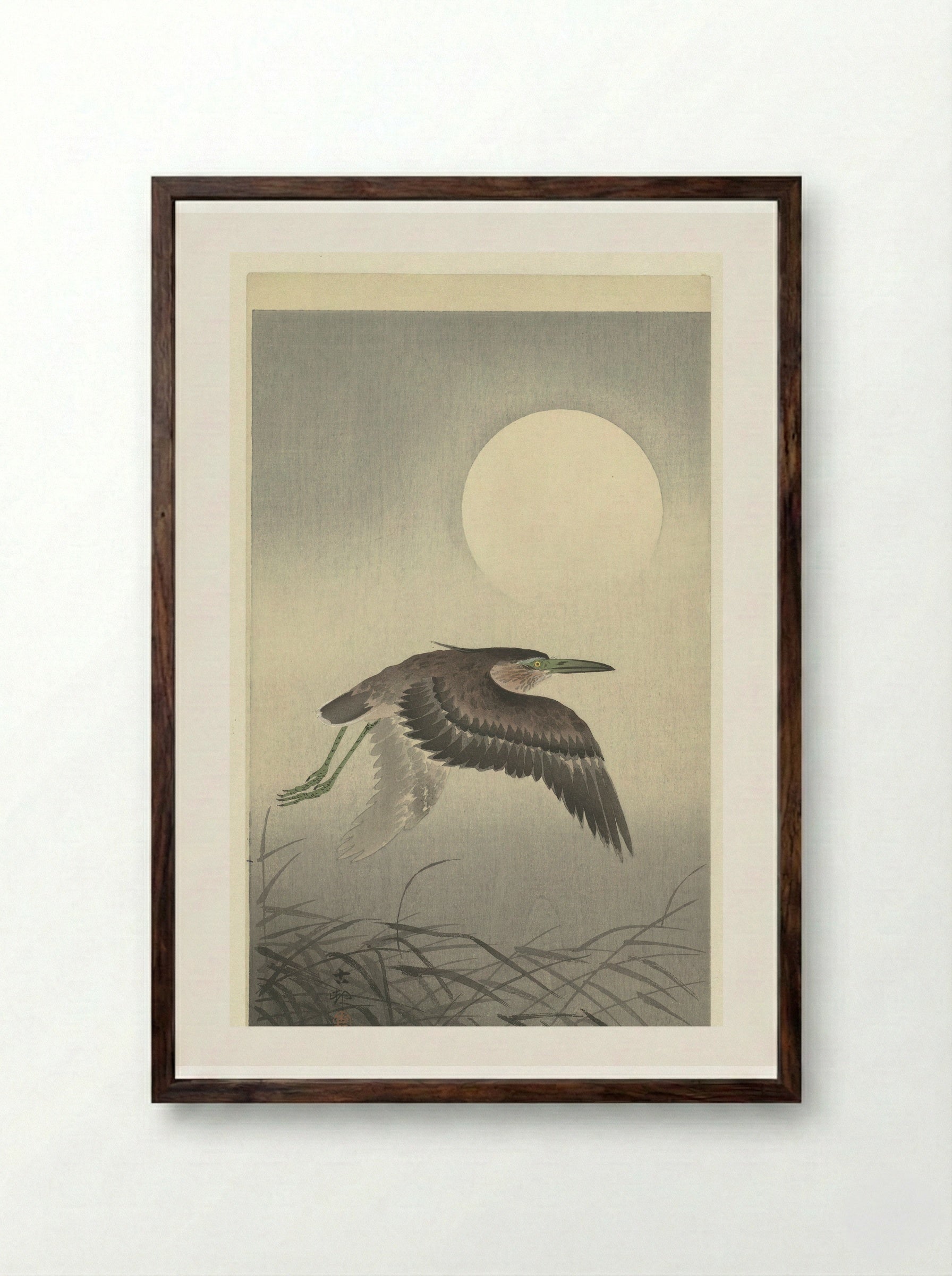 Heron Under Full Moon - Matsuki Heikichi - Framed Print Dark Wood