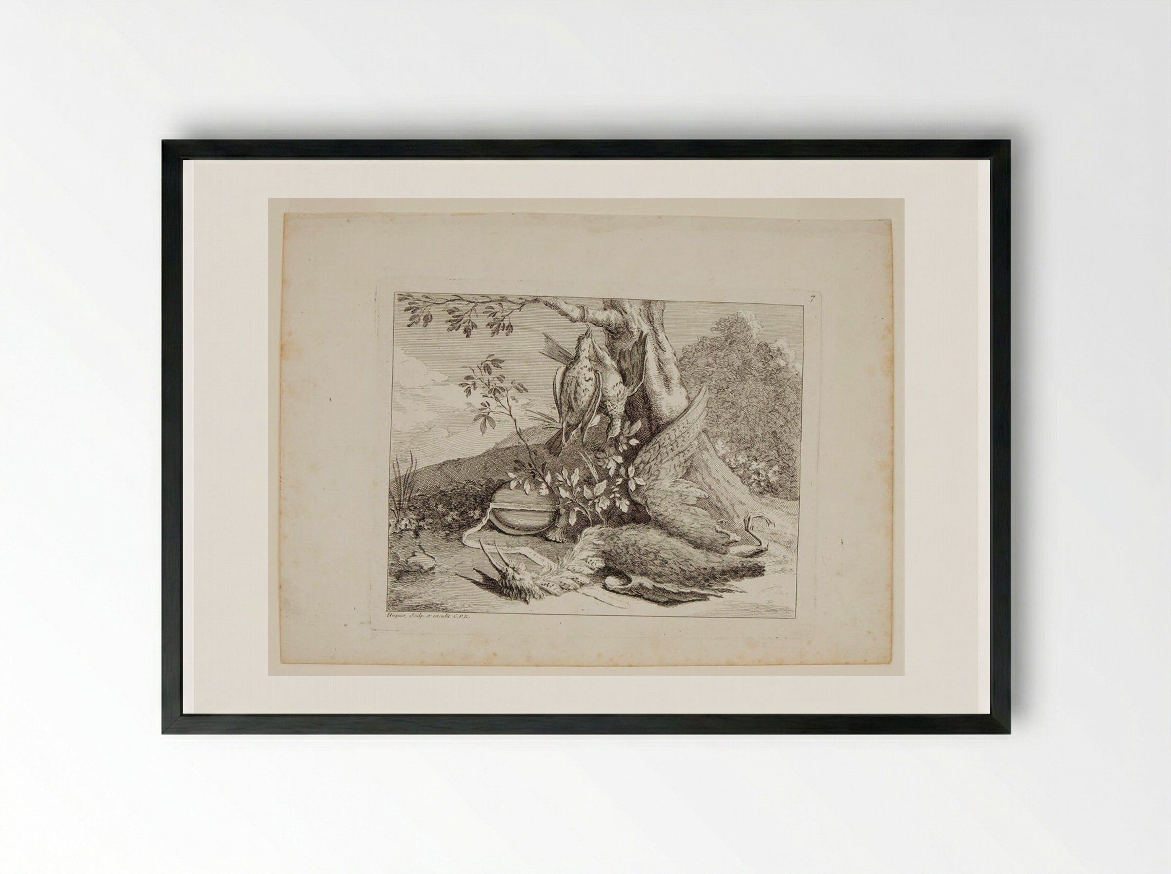 Heron and Two Quails - Gabriel Huquier - Framed Print Black