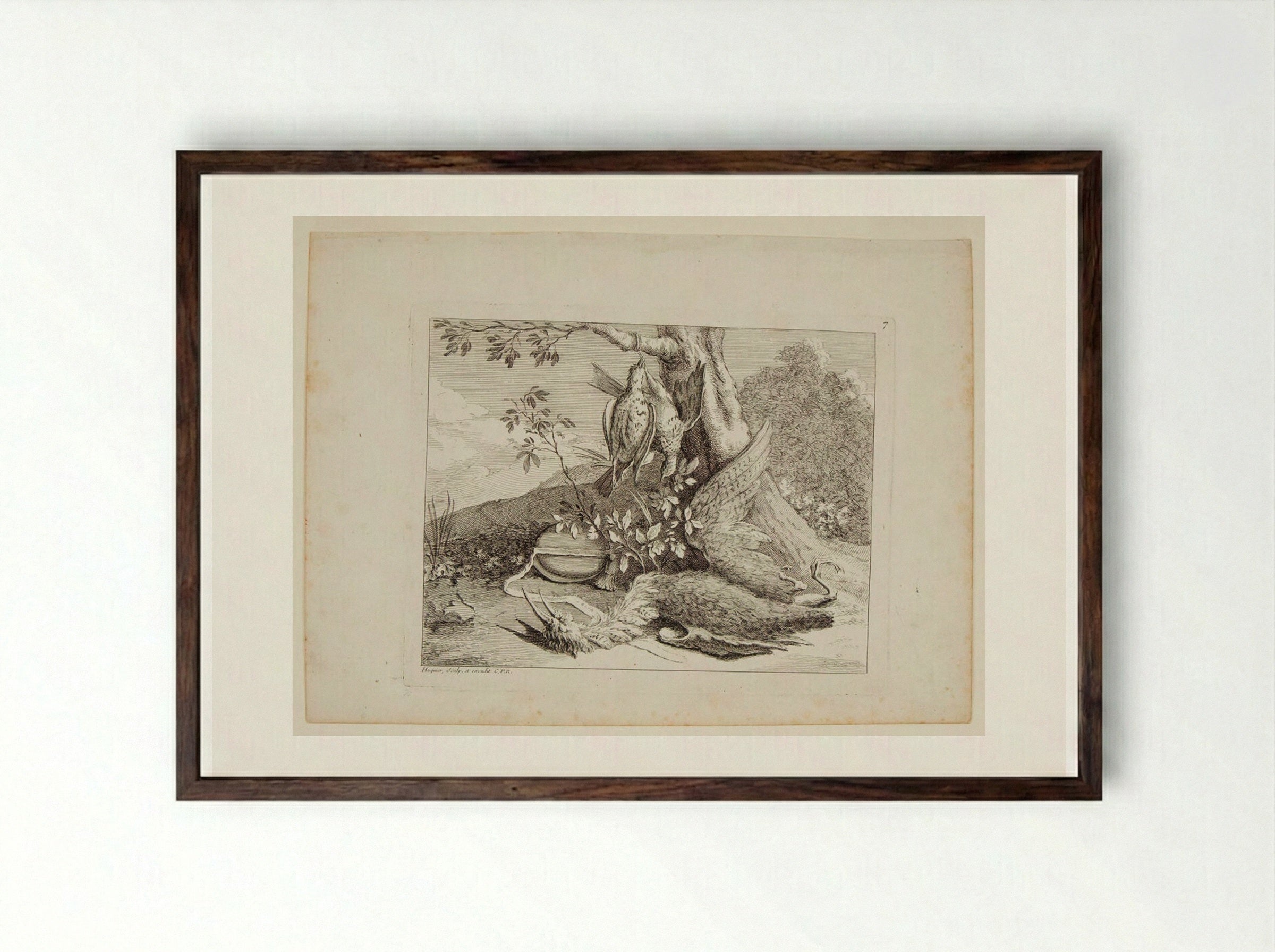 Heron and Two Quails - Gabriel Huquier - Framed Print Dark Wood