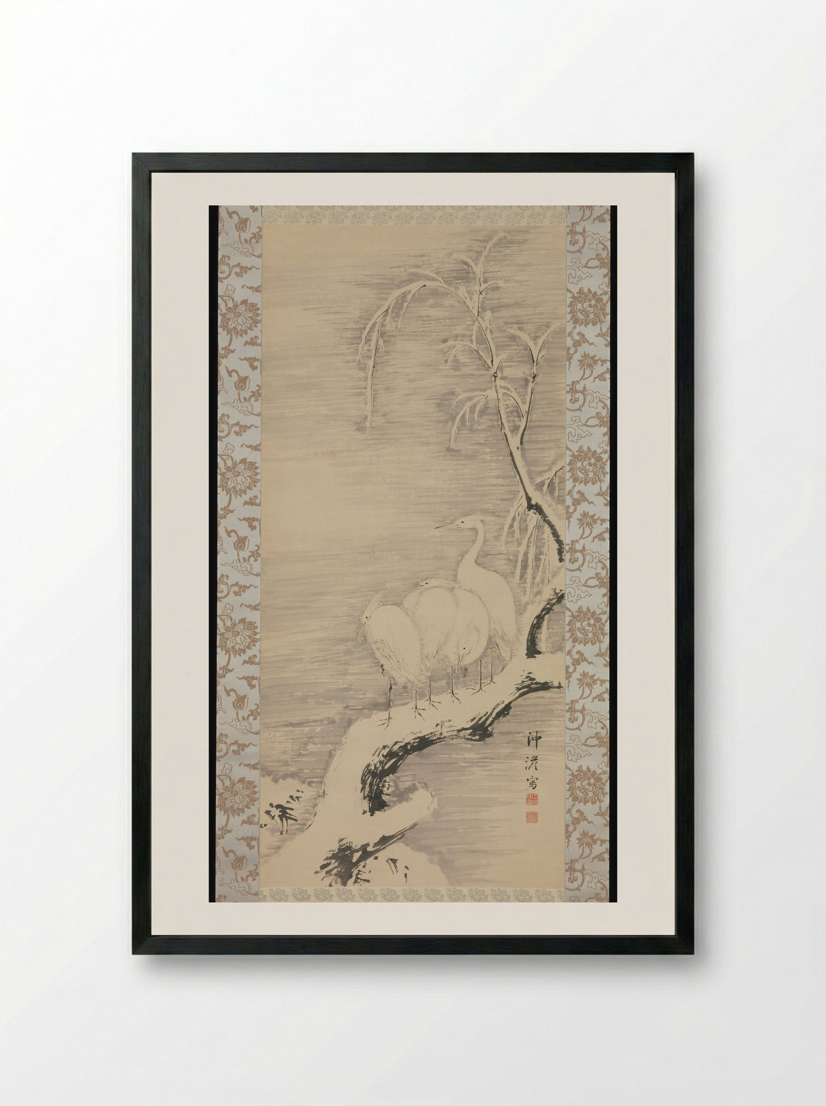 Herons in the Snow - Nakabayashi Chikutō - Framed Print Black