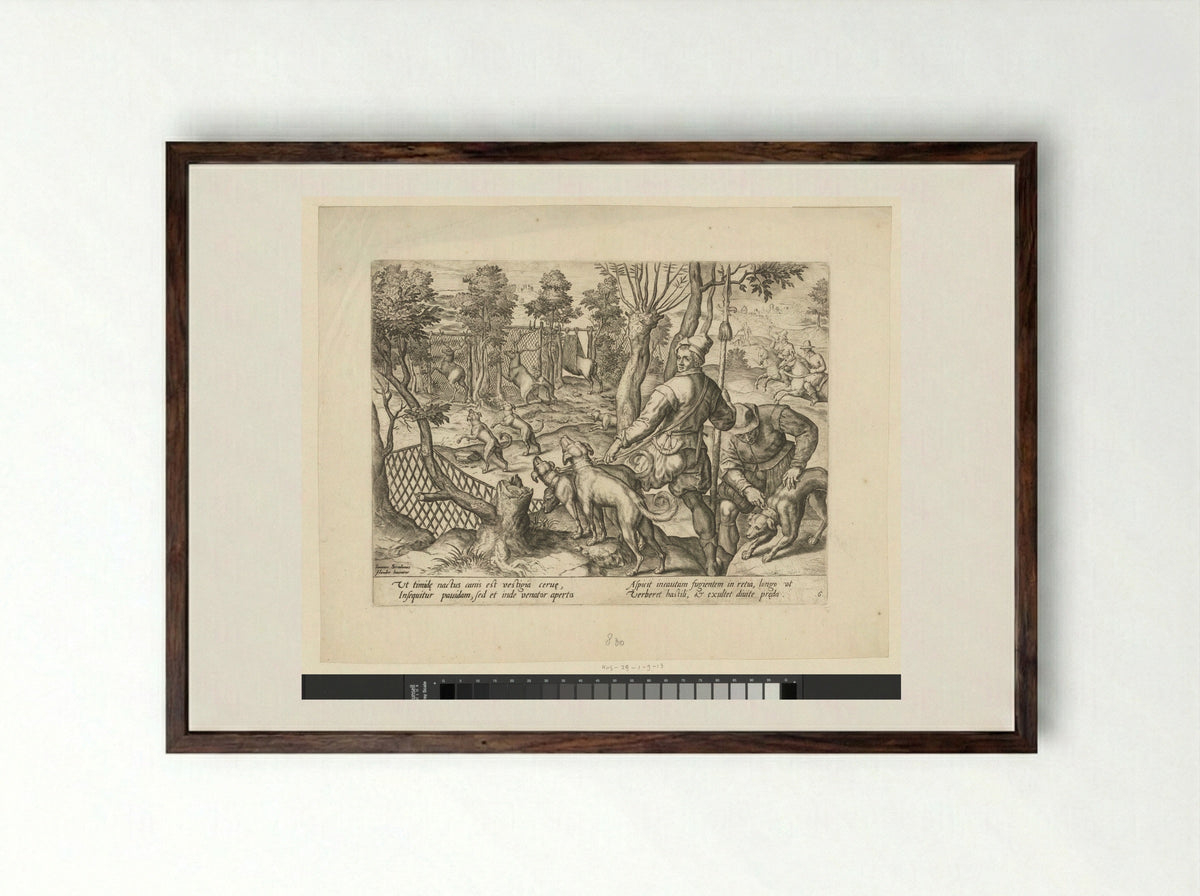 Hertenjacht met honden en vallen - Monogrammist FLB - Framed Print Dark Wood