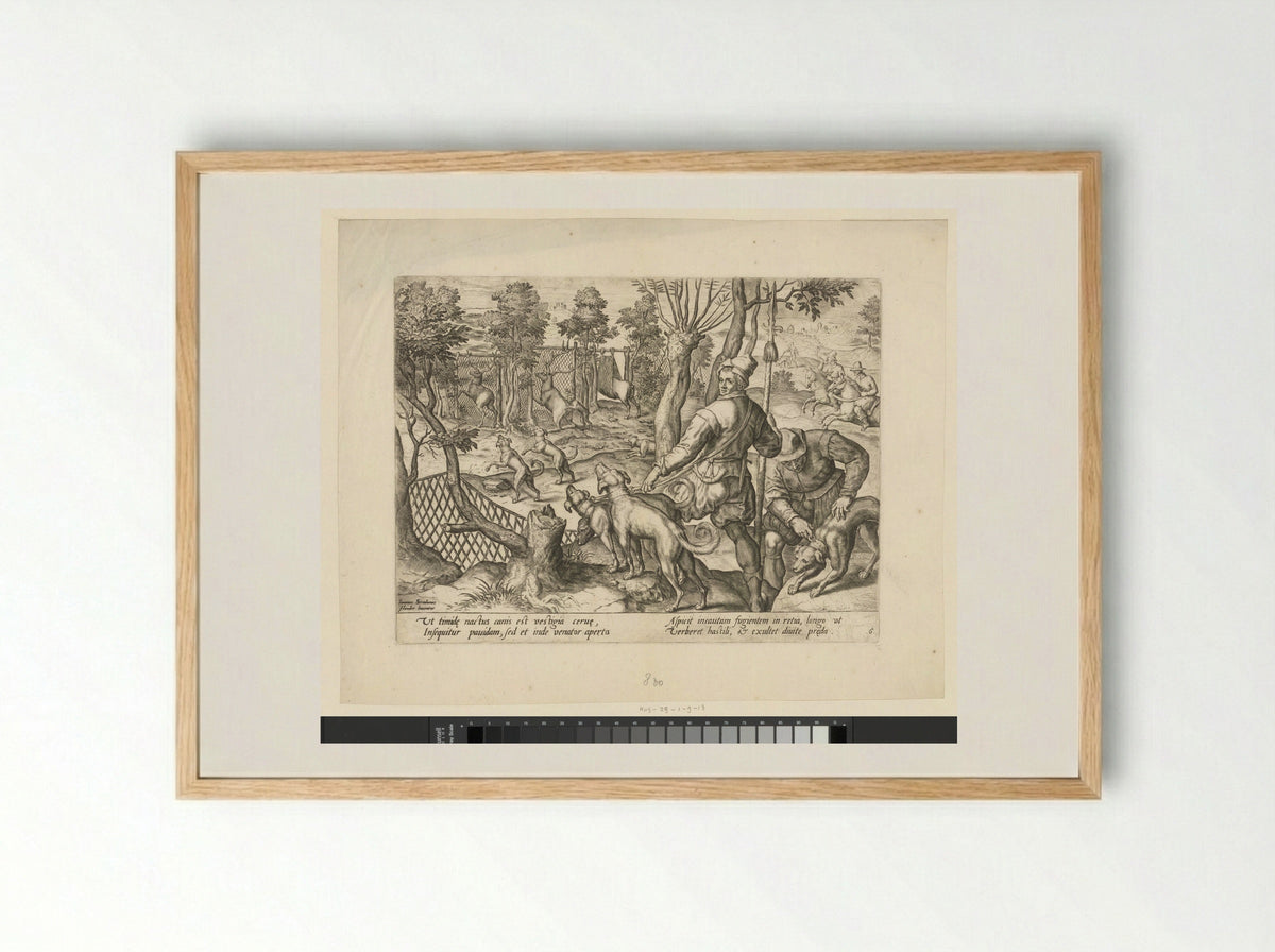 Hertenjacht met honden en vallen - Monogrammist FLB - Framed Print Wood