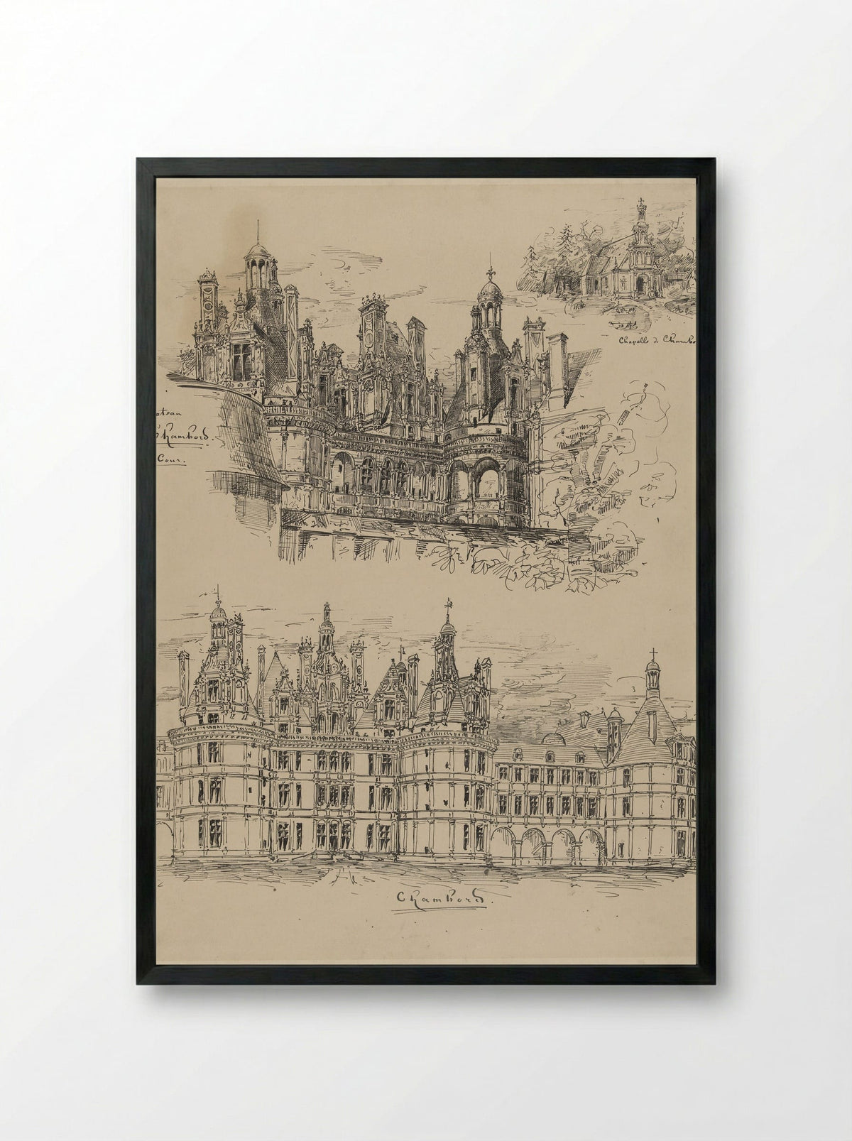 Het Château Chambord en de Chapelle de Chambord - Wilhelm Cornelis Bauer - Framed Print Black