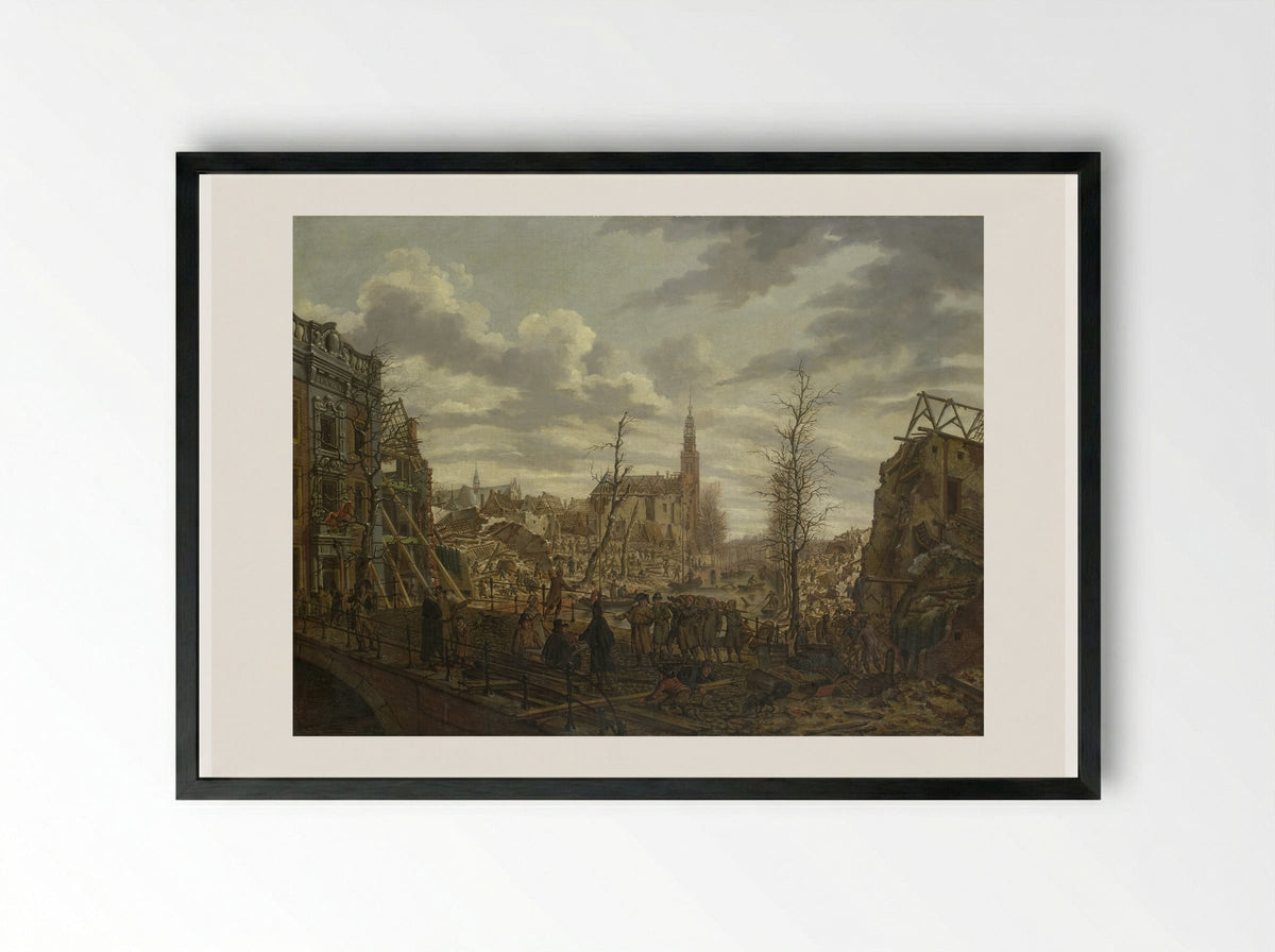 Het Rapenburg te Leiden drie dagen na de ontploffing van het kruitschip - Johannes Jelgerhuis - Framed Print Black
