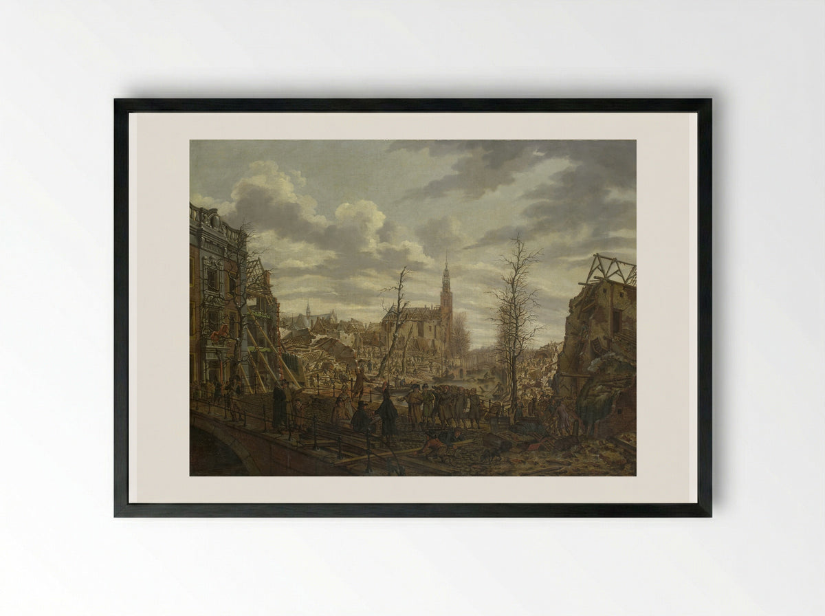 Het Rapenburg te Leiden drie dagen na de ontploffing van het kruitschip - Johannes Jelgerhuis - Framed Print Black