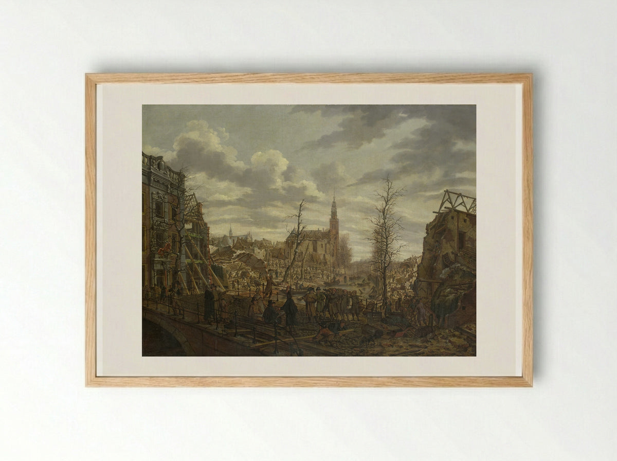 Het Rapenburg te Leiden drie dagen na de ontploffing van het kruitschip - Johannes Jelgerhuis - Framed Print Wood