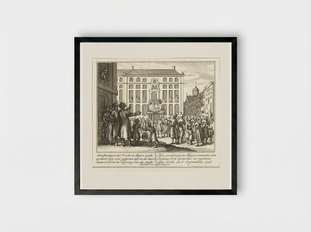 Het afkondigen van de vrede gesloten tussen de Staten-Generaal en het bestuur van Algiers - Leonard Schenk - Framed Print Black