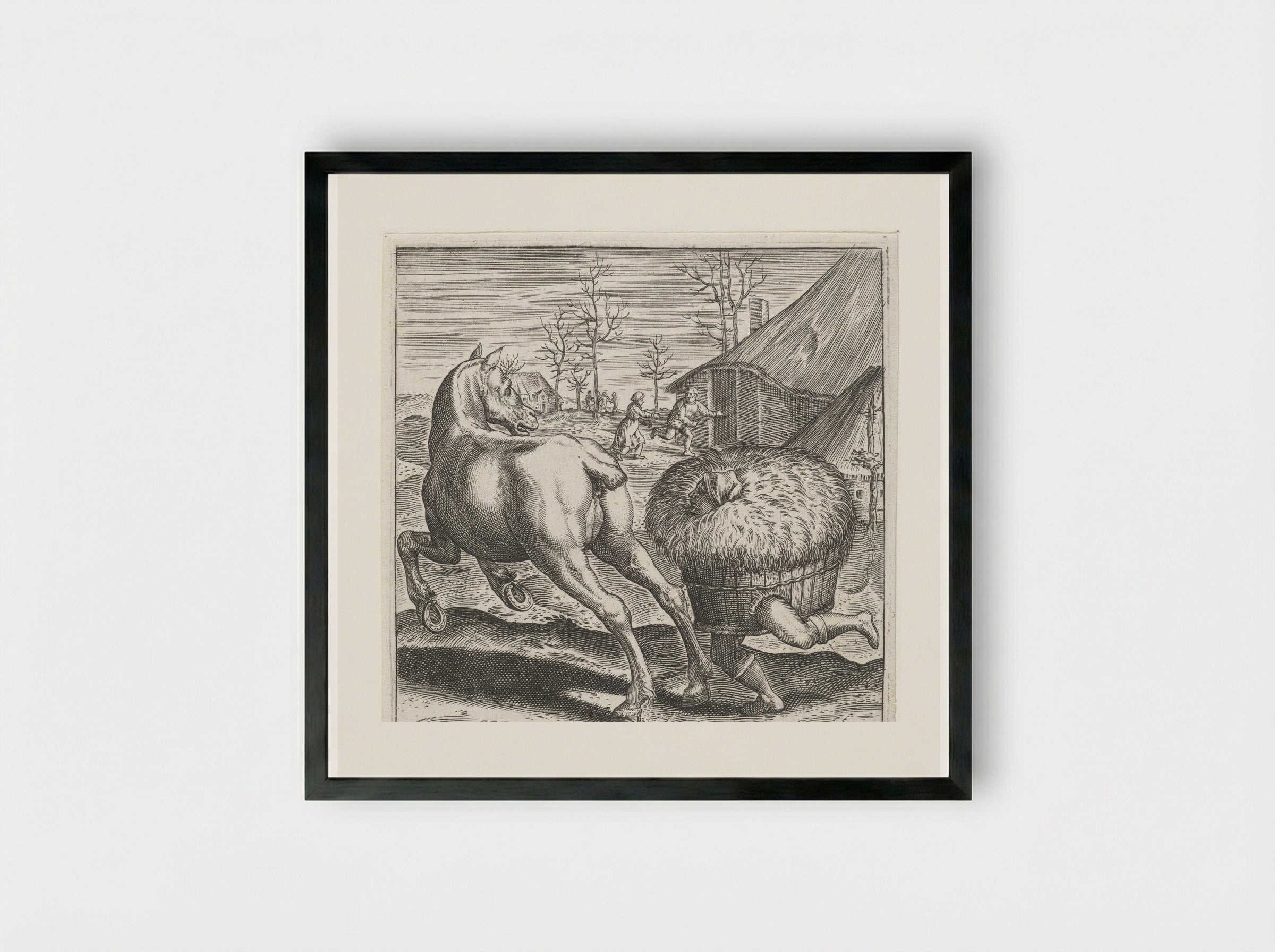 Het hooi loopt het paard achterna - Johann Theodor de Bry - Framed Print Black