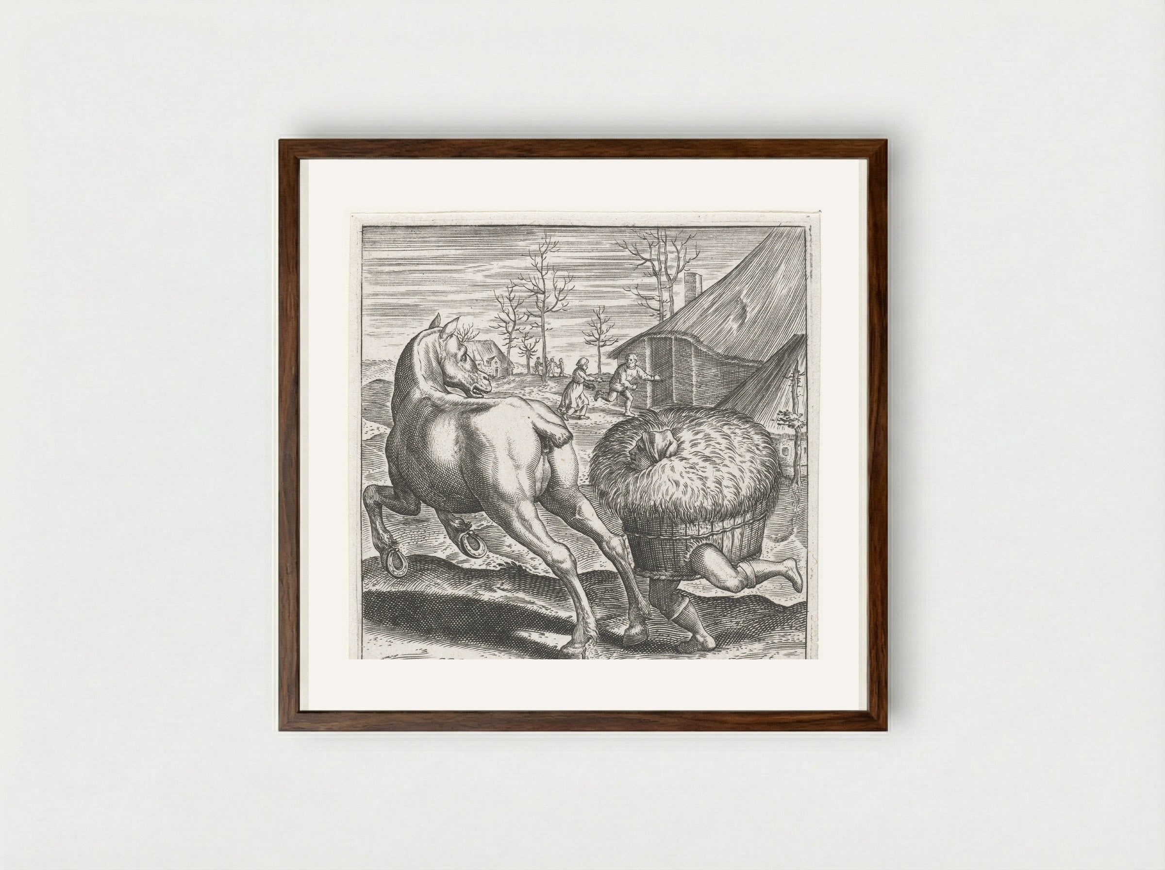 Het hooi loopt het paard achterna - Johann Theodor de Bry - Framed Print Dark Wood