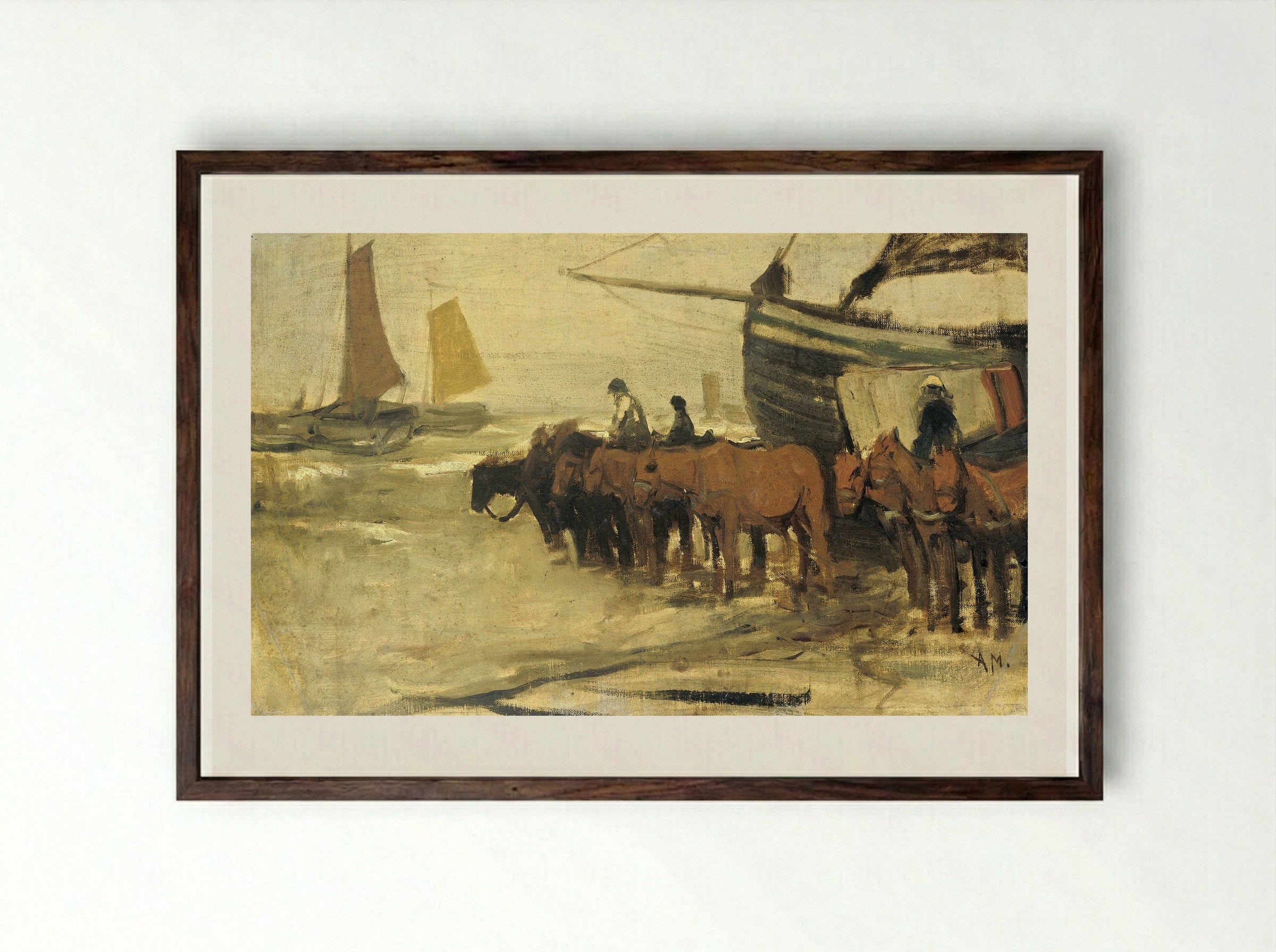 Het in zee brengen van een visserspink - Anton Mauve - Framed Print Dark Wood