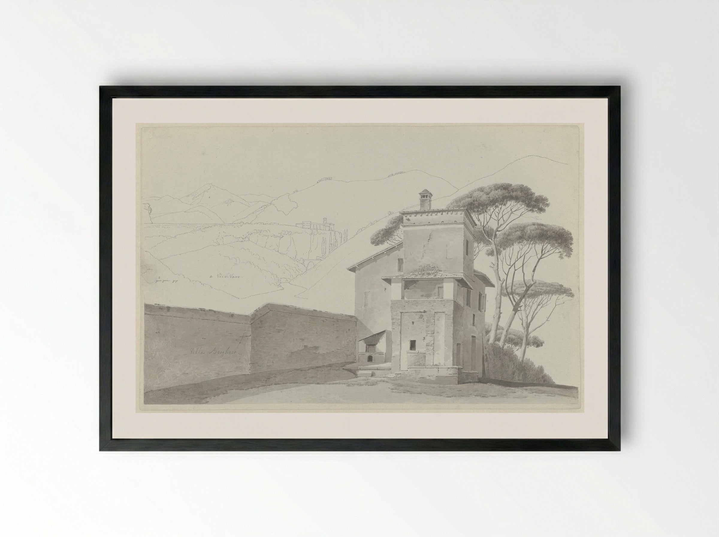 Het klooster bij Vicovaro, en de portiersloge in de Villa Borghese - Josephus Augustus Knip - Framed Print Black