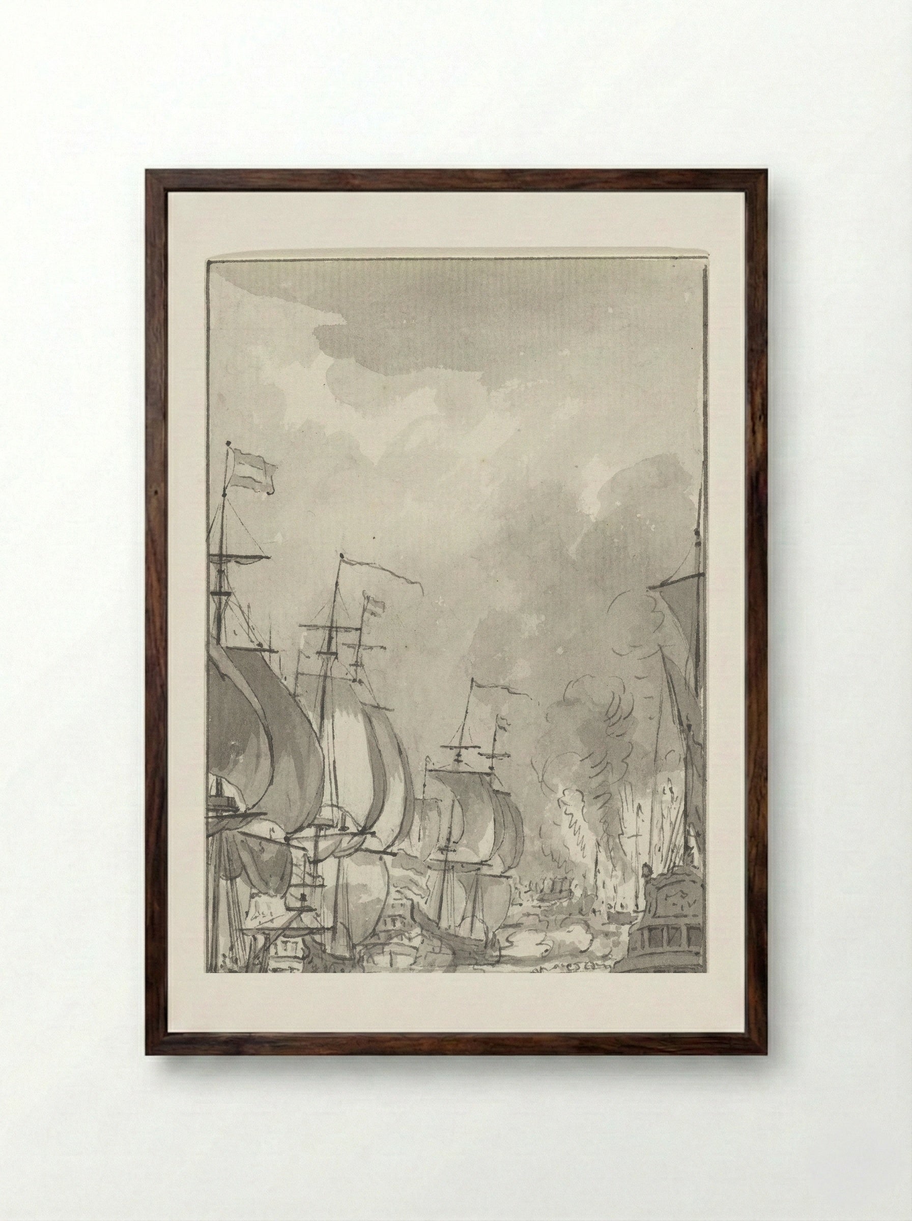 Het overvaren van de ketting in de Medway, 1667 - Jacobus Buys - Framed Print Dark Wood