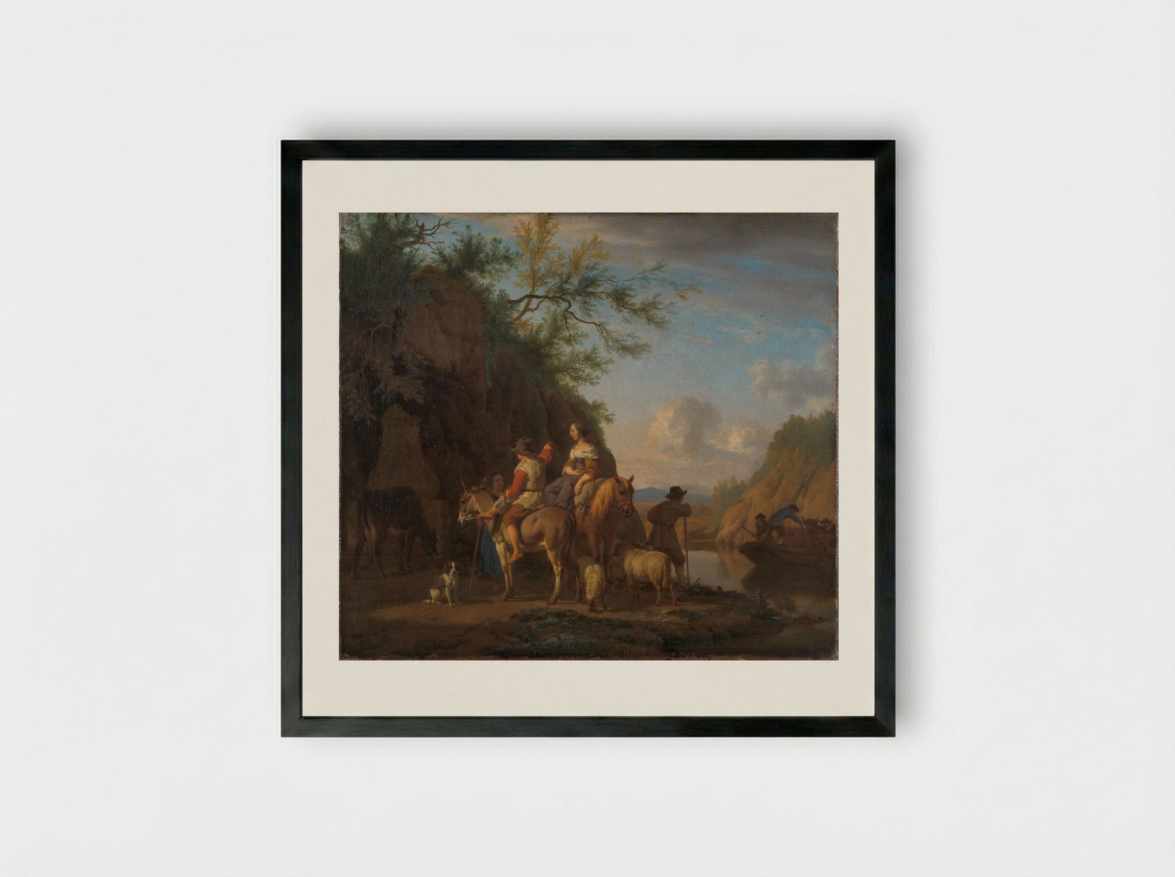 Het ponteveer (The Ferry) - Adriaen van de Velde - Framed Print Black
