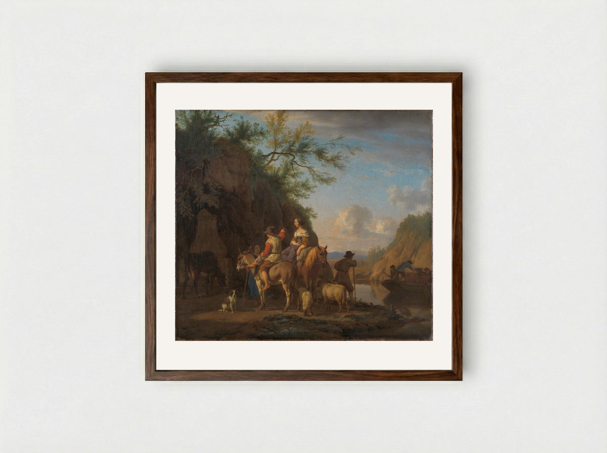 Het ponteveer (The Ferry) - Adriaen van de Velde - Framed Print Dark Wood